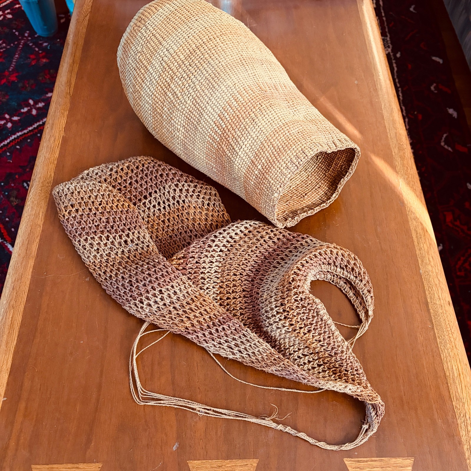 Vintage 1970's Australian Aboriginal handwoven mesh net Dilly Bag and Basket Vintage 1970's Australian Aboriginal handwoven mesh net Dilly Bag and Basket