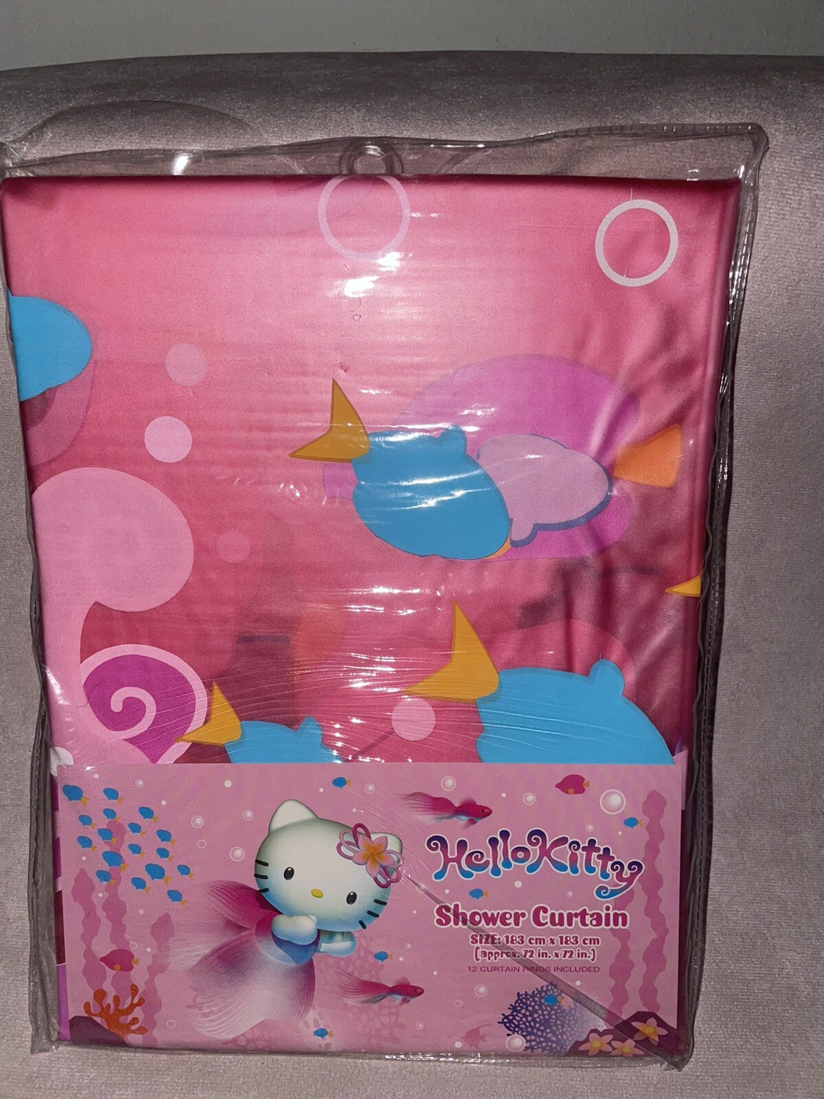 Vintage Sanrio 2002 Hello Kitty Mermaid Shower/bathroom Curtain & Rings.
