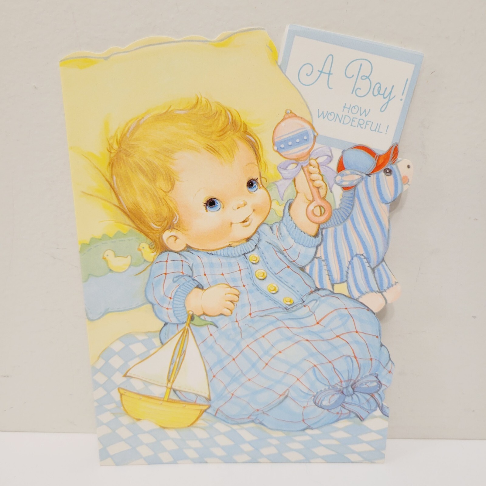 Vtg Baby Boy Congratulations Rattle Sailboat Blue Hallmark Greeting Card CLEAN