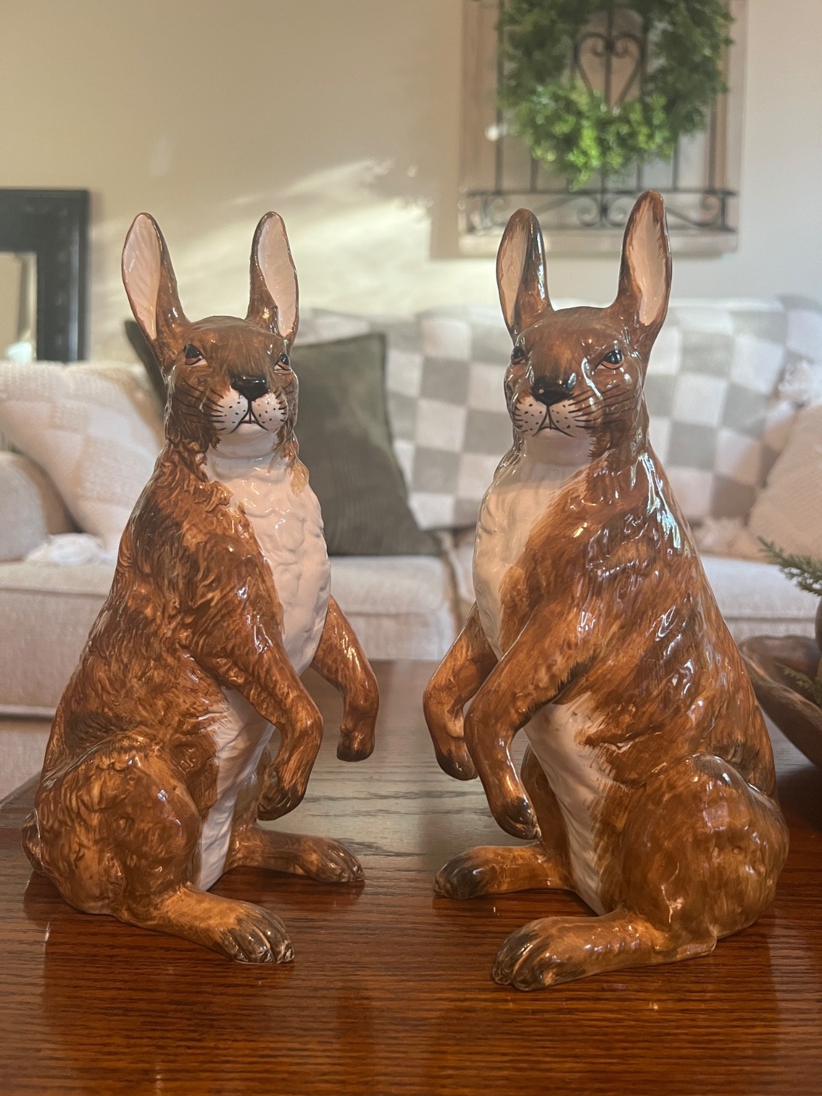 Vintage Chelsea House Port Royal Italy Ceramic Rabbit Hare Figurines 10” Pair