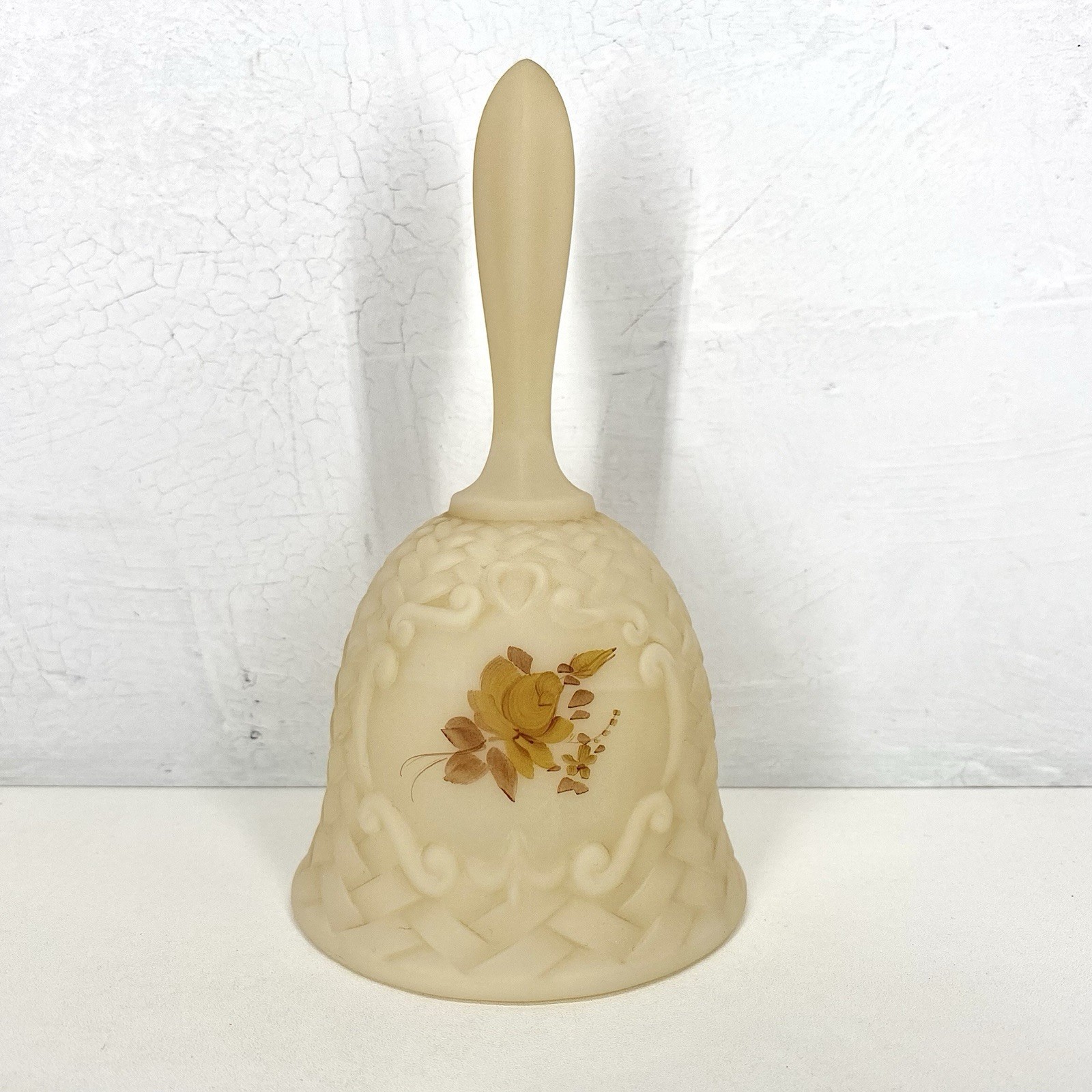 Vintage Fenton Art Glass Chocolate Roses On Cameo Satin Bell Basketweave Signed