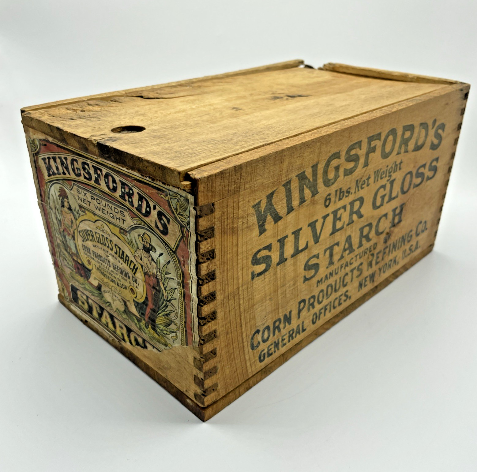 Vintage Kingsford's Silver Gloss Starch NY Dovetail Wood Laundry Box Lid & Label