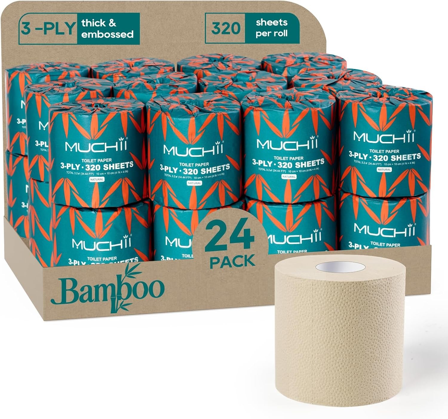 Bamboo Toilet Paper 3 Ply Septic Safe Bath Tissue 24 Rolls 320 Sheets