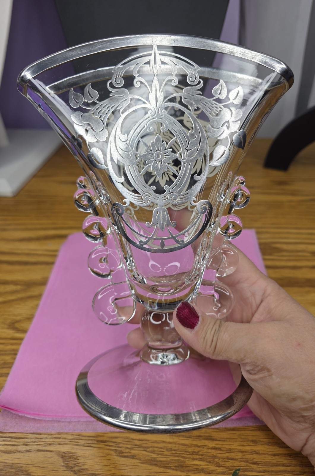 VTG Heisey Lariat Glass Footed Fan Vase with Silver Overlay