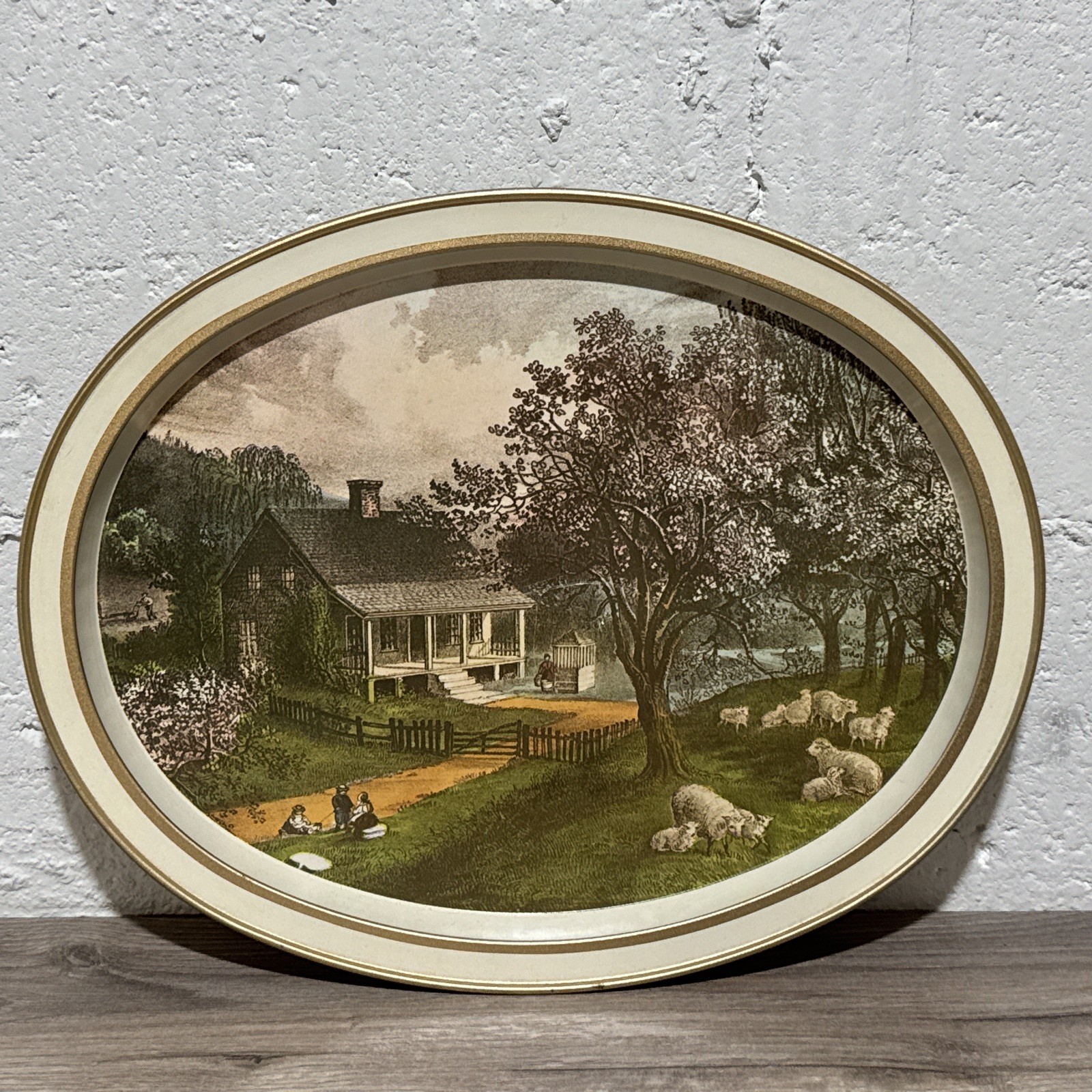 Vtg Currier Ives American Homestead Spring Metal Tin Serving Tray 14 1/2