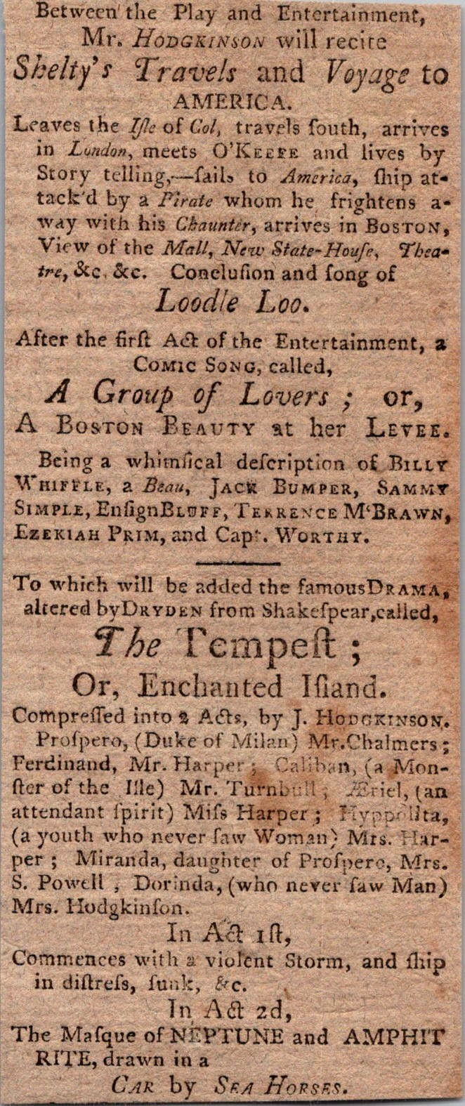 Theatrical Playbill John St Theatre 1790s Mr Hodgkinson NY 1799 Clipping 5AK9-3