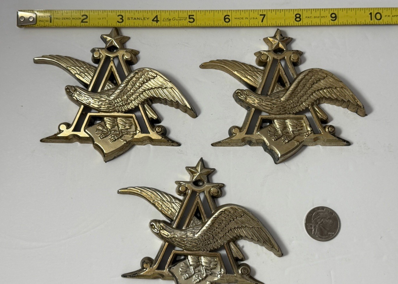 3 Vintage Plastic 4.5” Large Anheuser Busch - Budweiser Gold Toned Eagle Emblems
