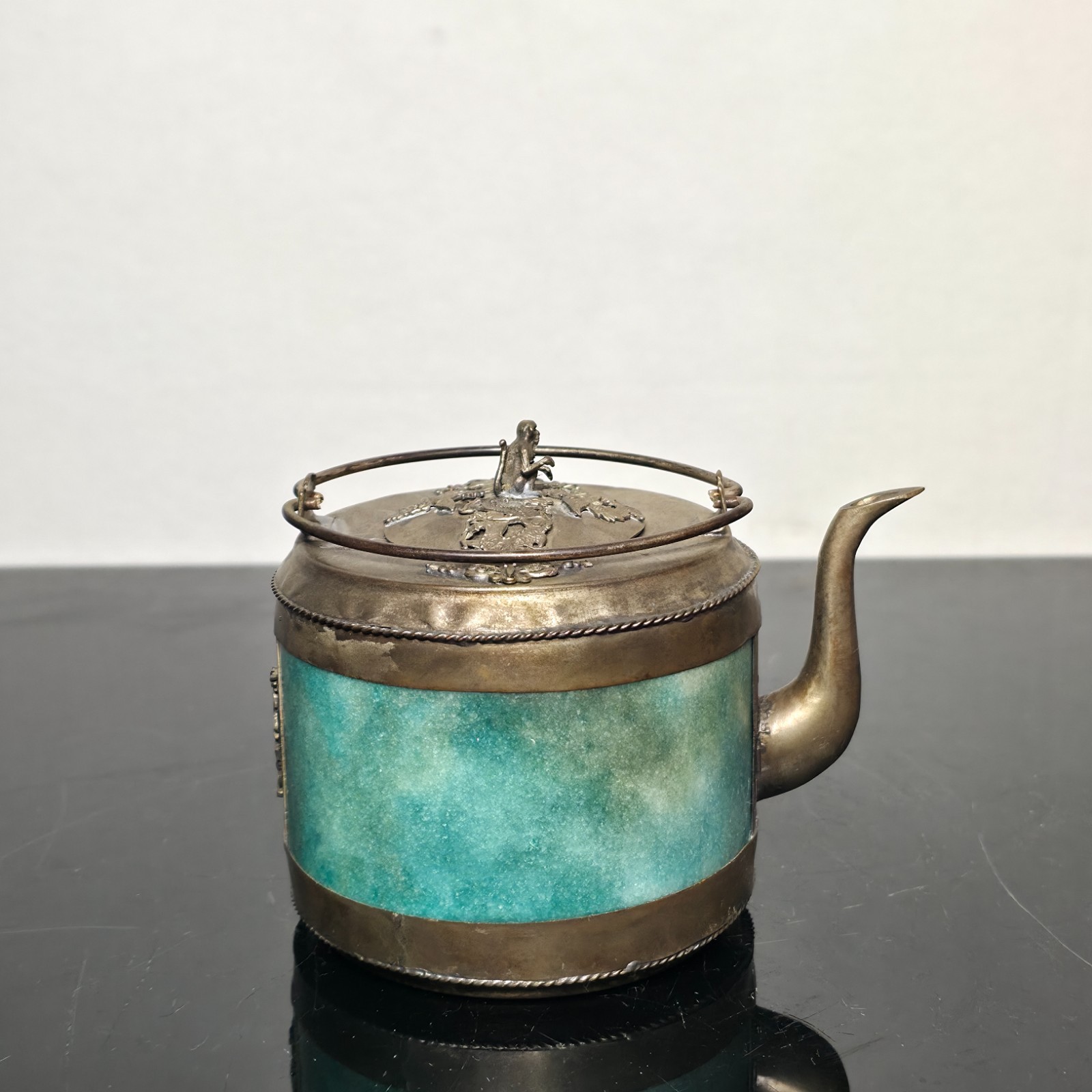 Vintage Tibetan Inspired Metal Teapot Green Stone Panels Monkey Finial