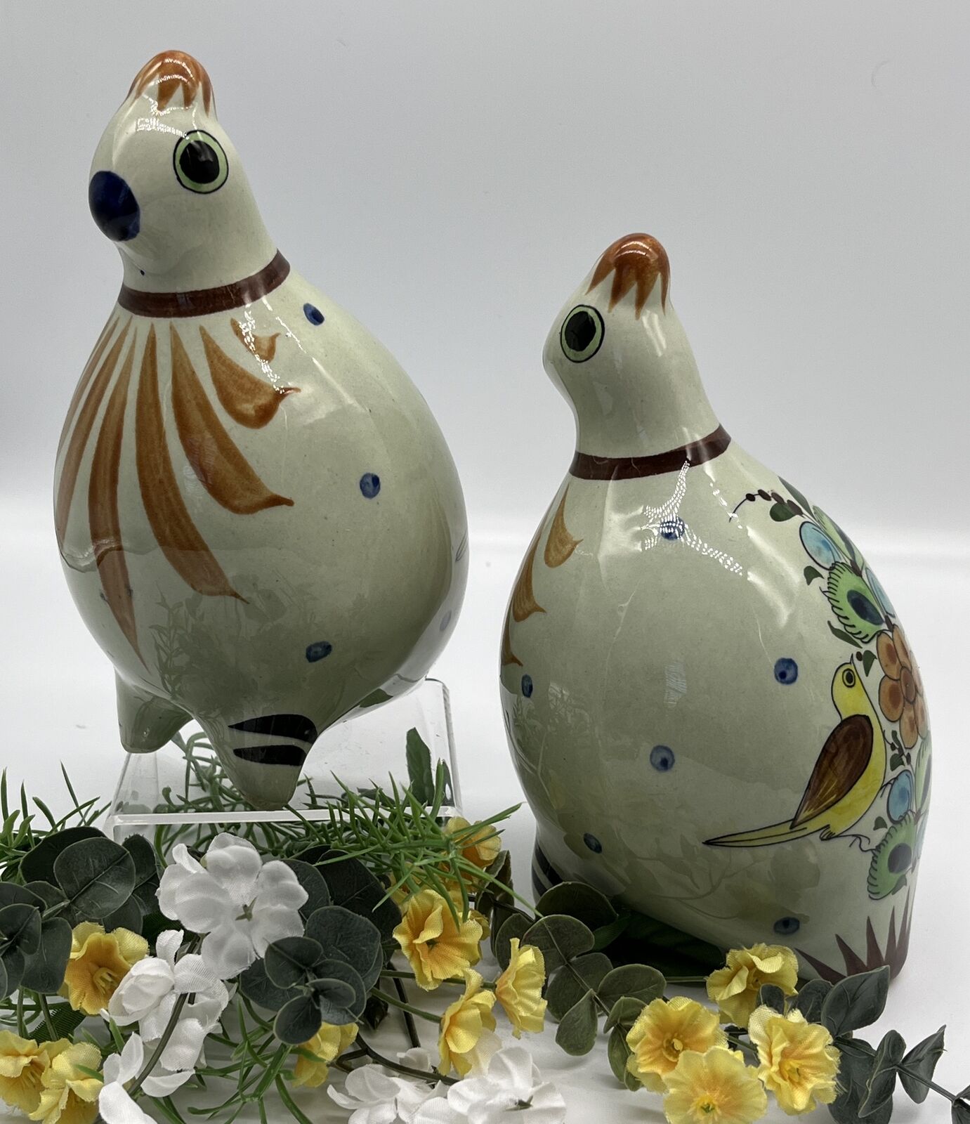 Vintage Pair Of Tonala Mexican Quails Beautifully Painted & Signed