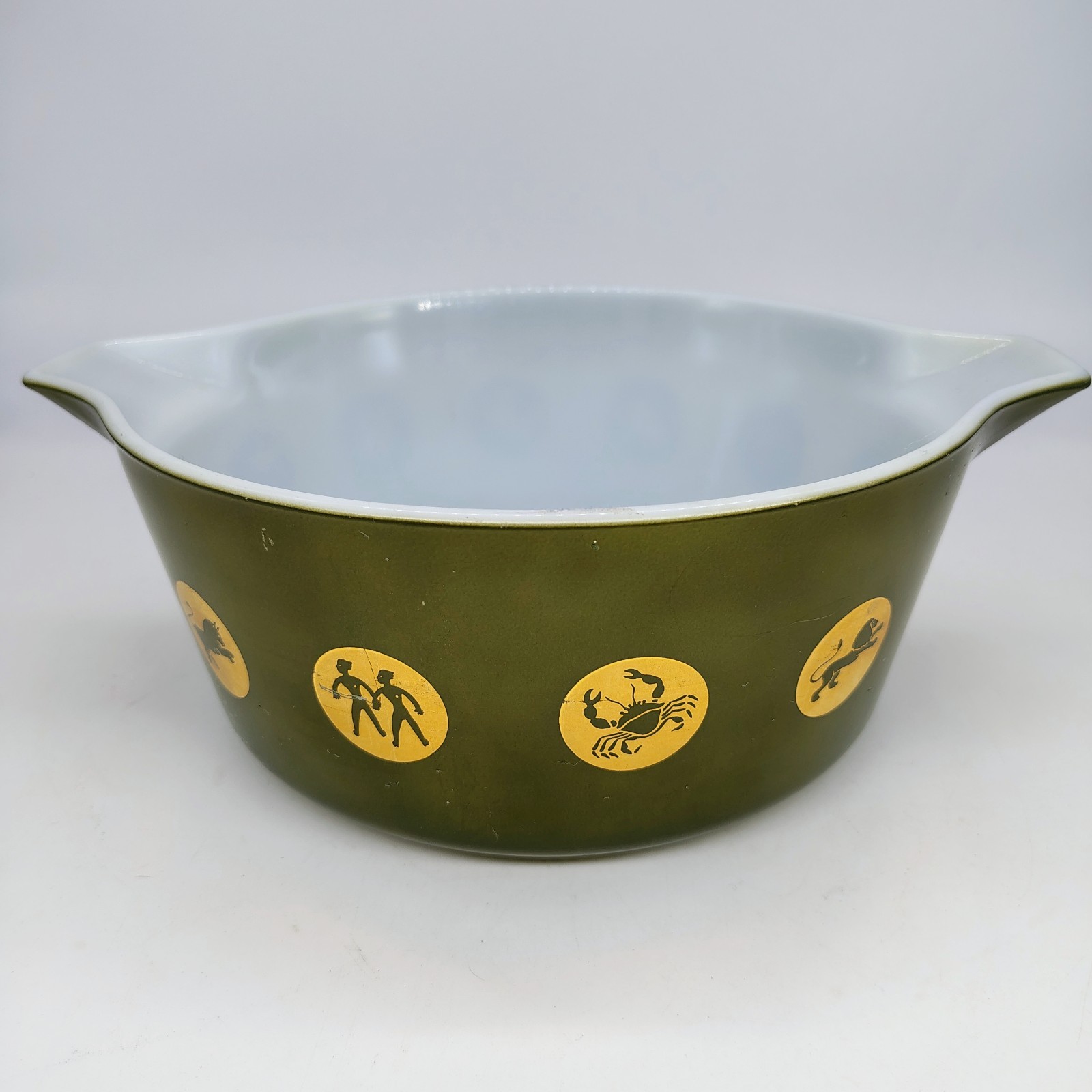 Vintage Pyrex Zodiac Pattern Green 475-B 2.5 qt Casserole Dish 1961