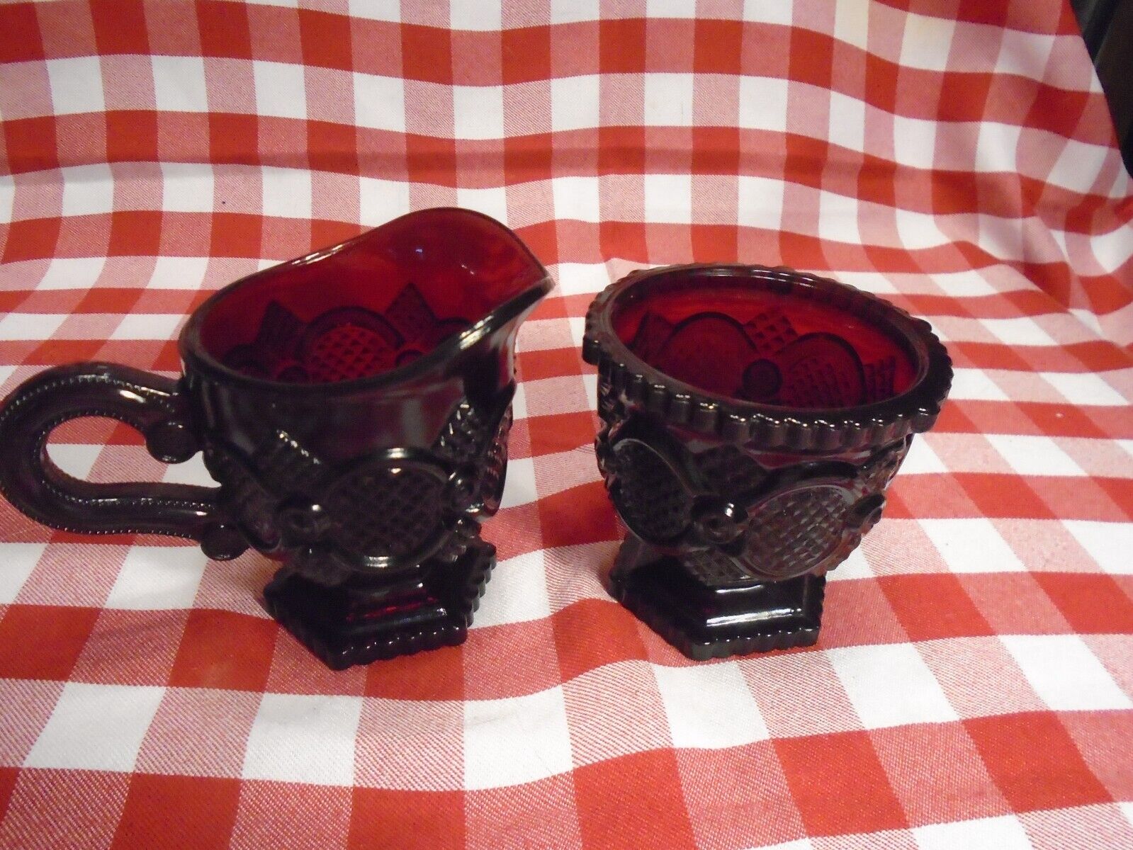 Vintage Set of Avon Cape Cod 1876 Ruby Red Glassware Cream and Sugar Bowl