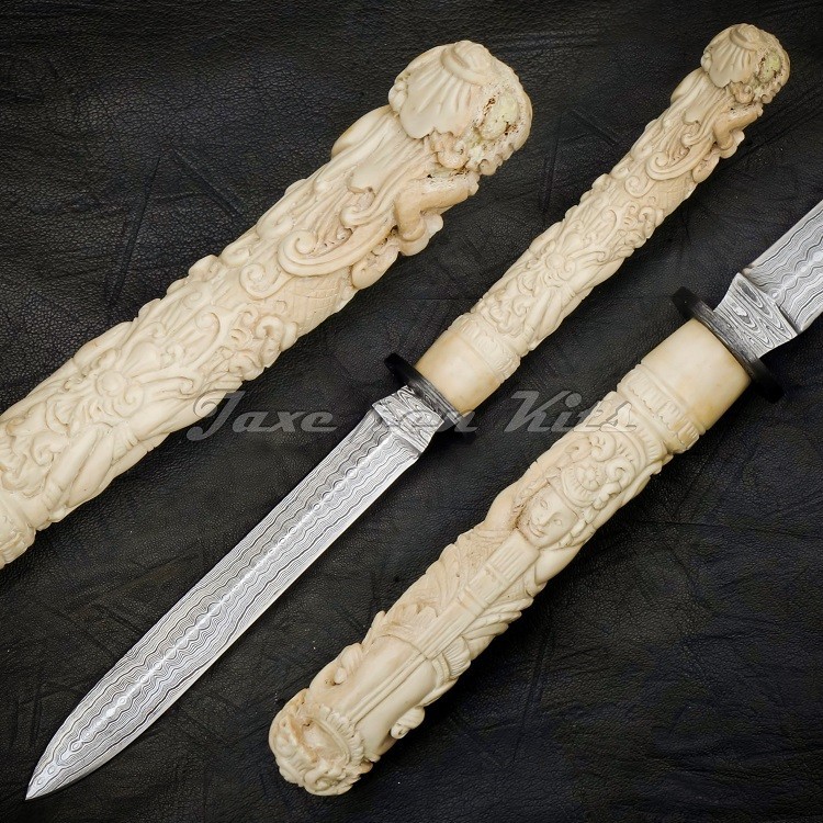 Pair Hand Carved Handle Hand Forged Damascus Steel Bowie & Dagger Pair Hand Carved Handle Hand Forged Damascus Steel Bowie & Dagger