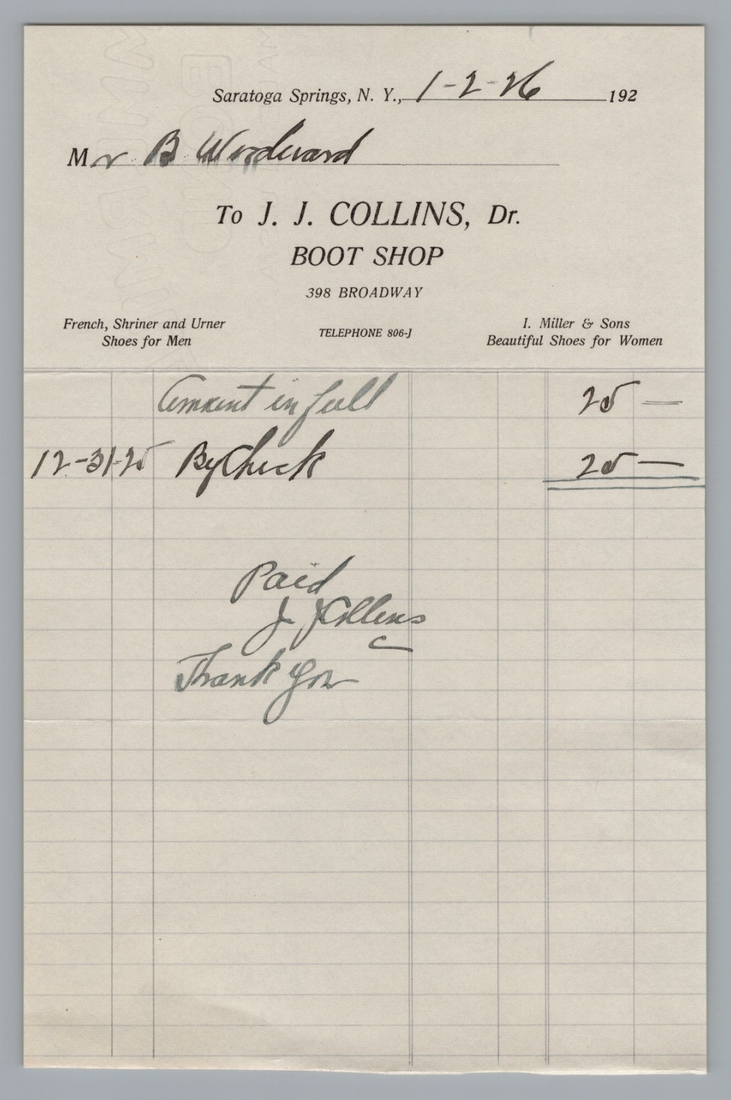 1926 Saratoga Springs NY J. J. Collins Boot Shop Antique Billhead Receipt