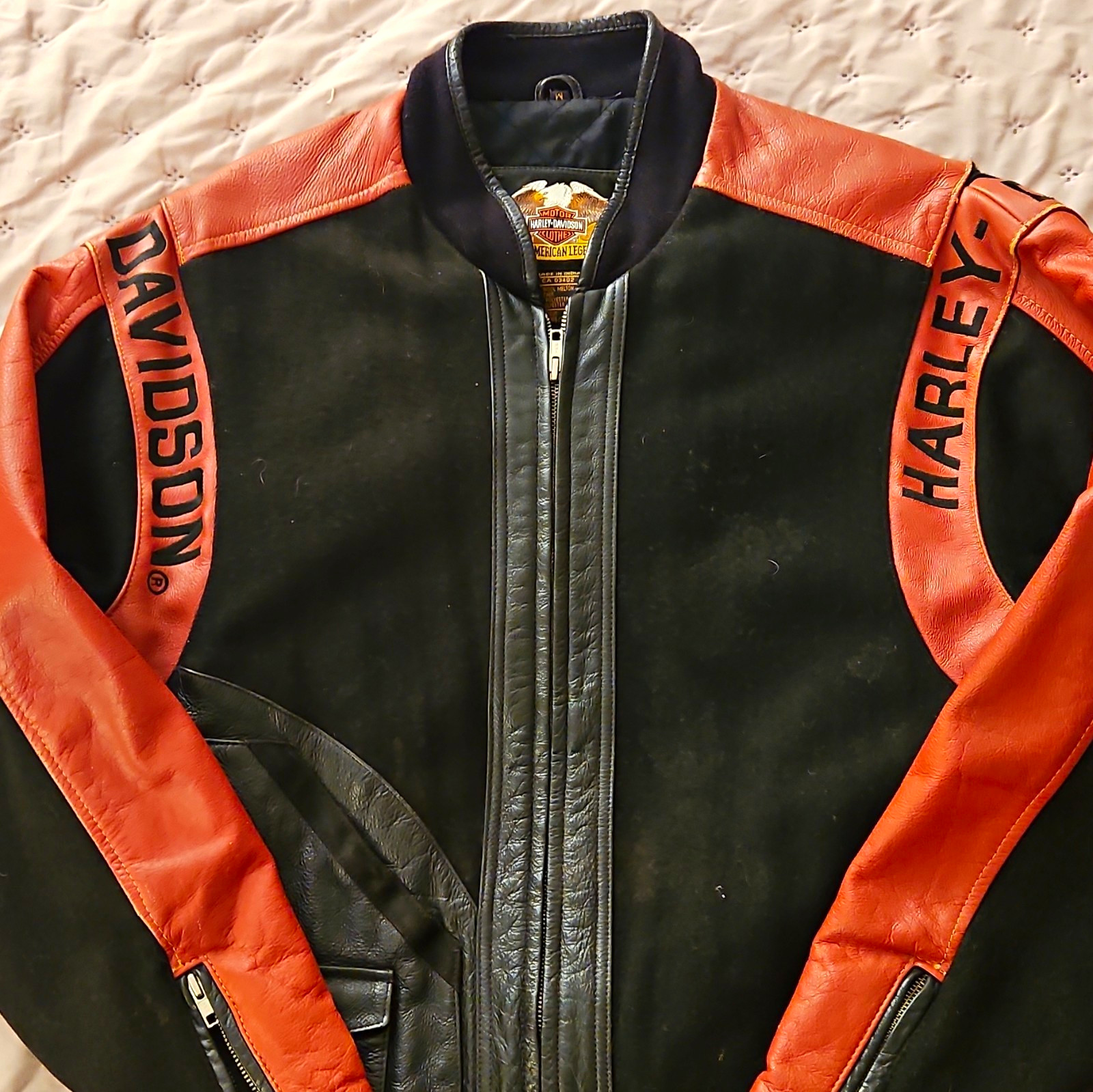 Harley-Davidson Black & Orange Leather Motorcycle Jacket w/ Embroidered Logos