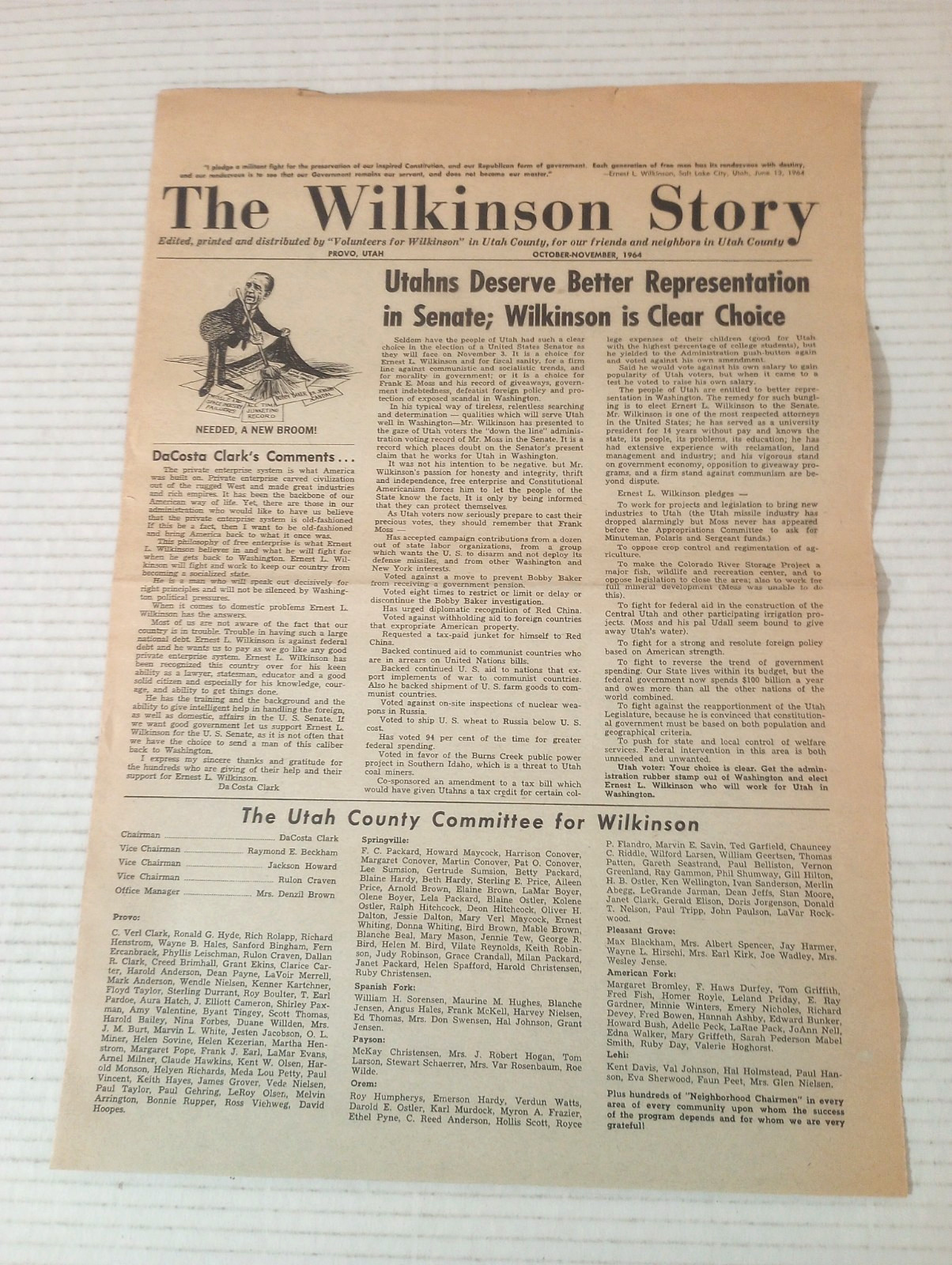 The Wilkinson Story Ernest L Run For Senate Newspaper Ad 1964 Provo Utah