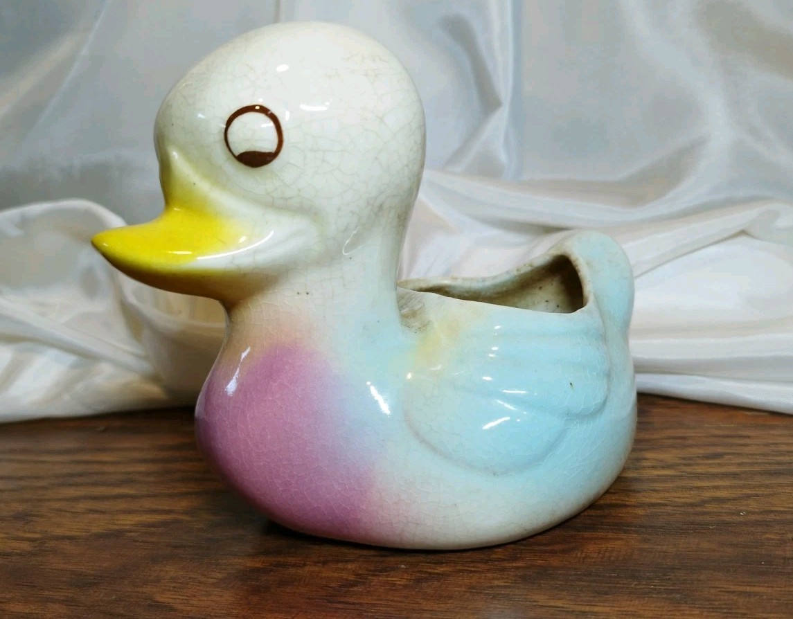 Vintage 1950s Ceramic Duck Planter Mid-century Pastel Blue Pink Unmarked Kitsch