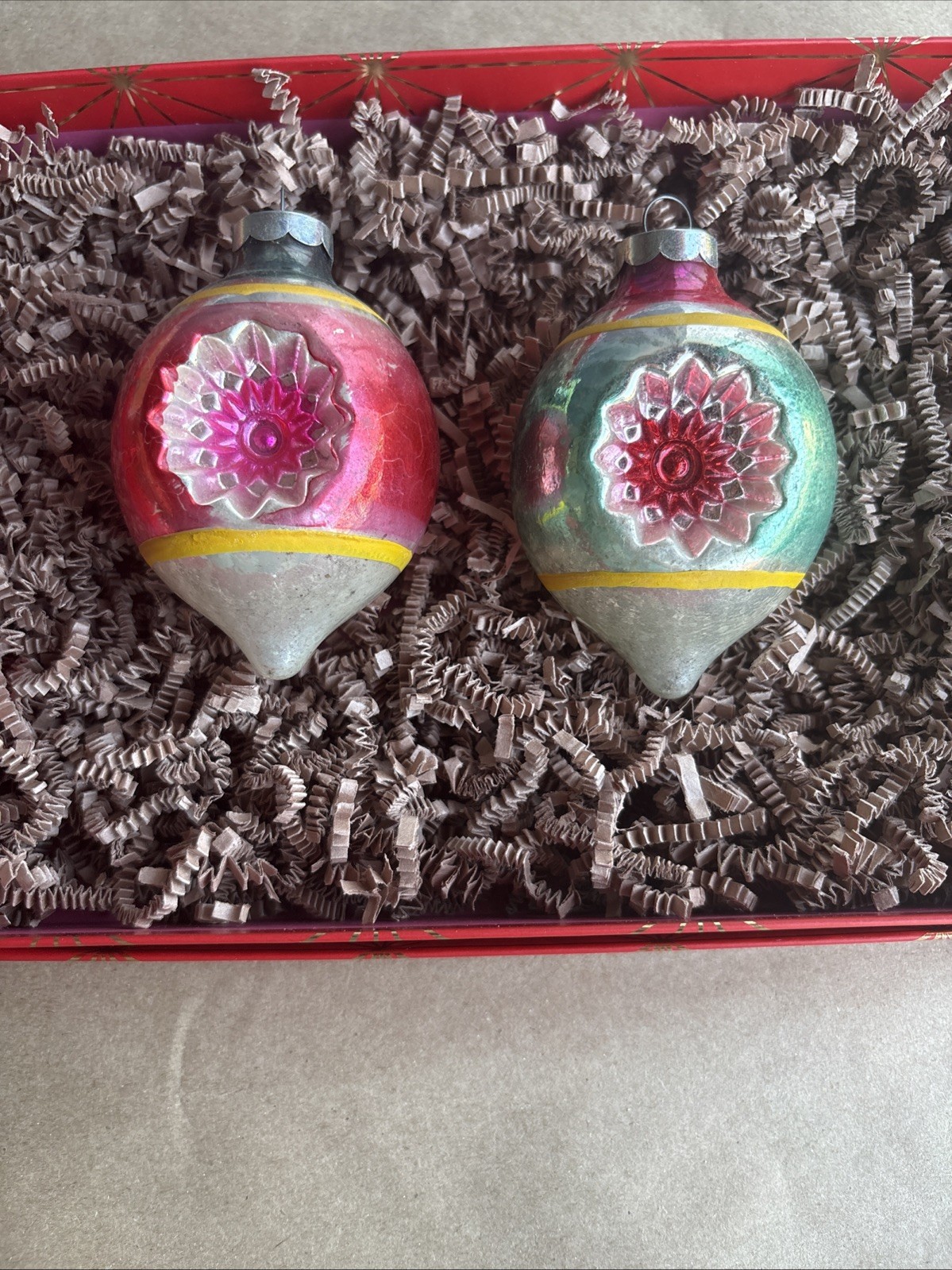 Vintage Shiny Brite double  indent christmas ornaments pink/red Green/blue A1