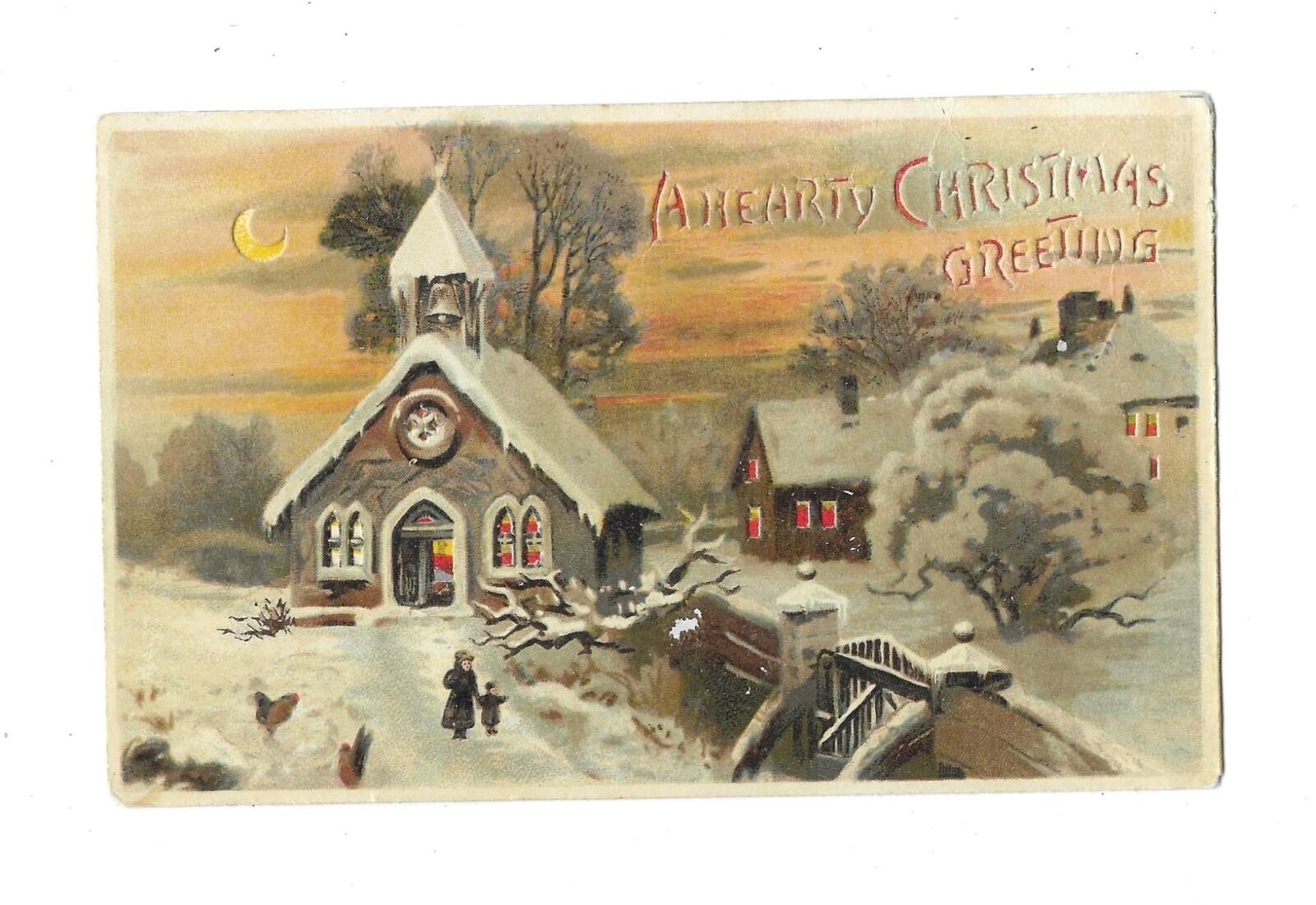 Snow-Covered VILLAGE On Beautiful HOLD-TO-LIGHT HTL Vintage CHRISTMAS Postcard