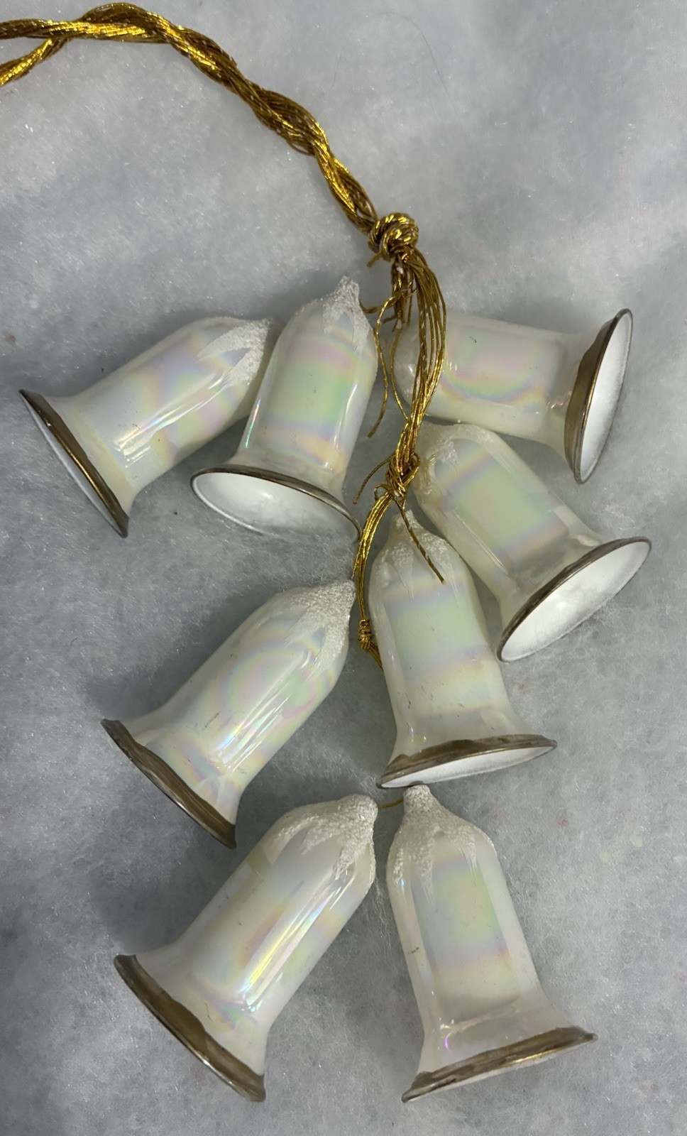 Vintage IRIDESCENT GLASS Christmas Bells MICA Snow Top Gold Trim Hanging Decor