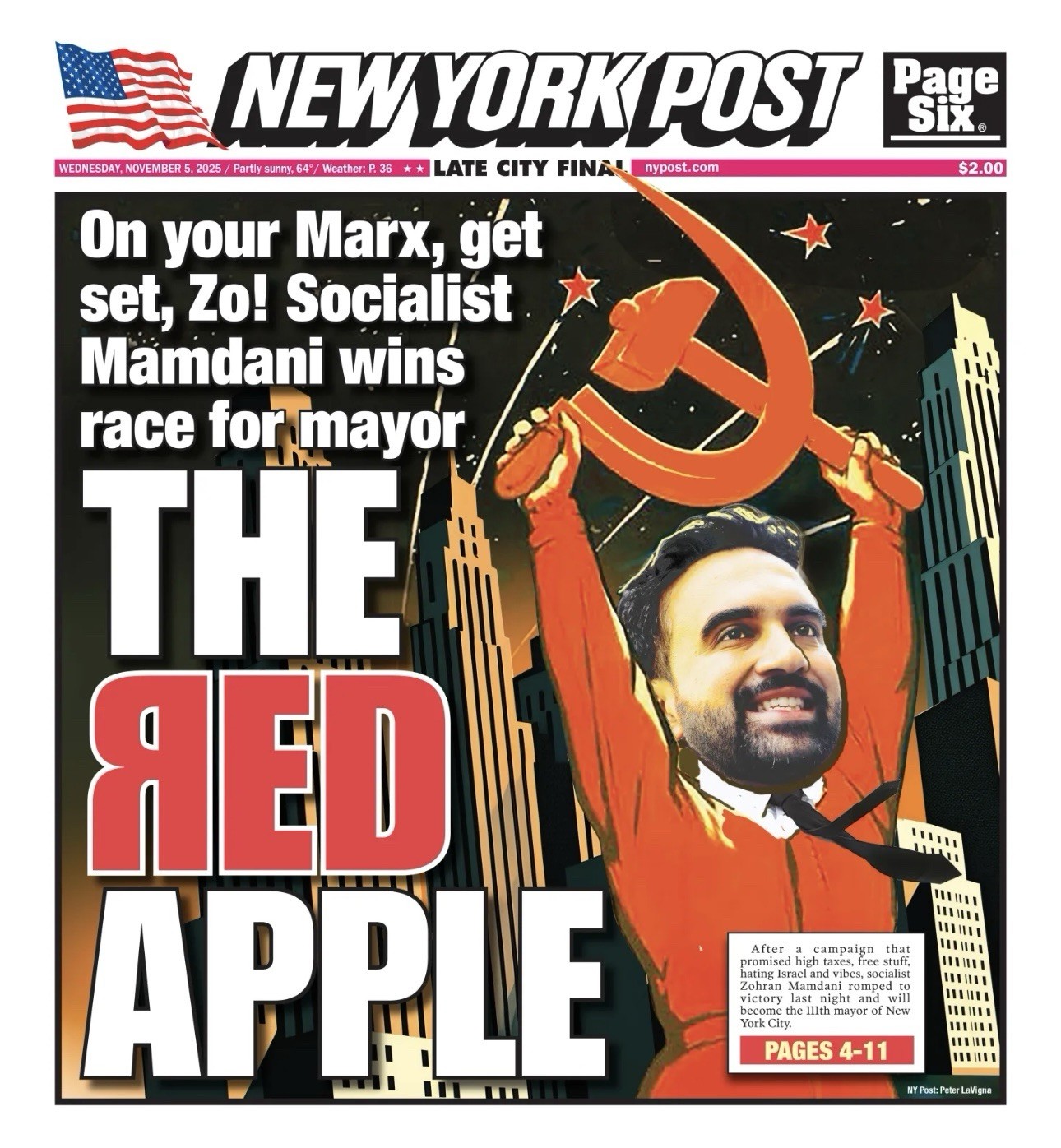 Zohran Mamdani New York Post Newspaper The Red Apple Cover 11/5/2025