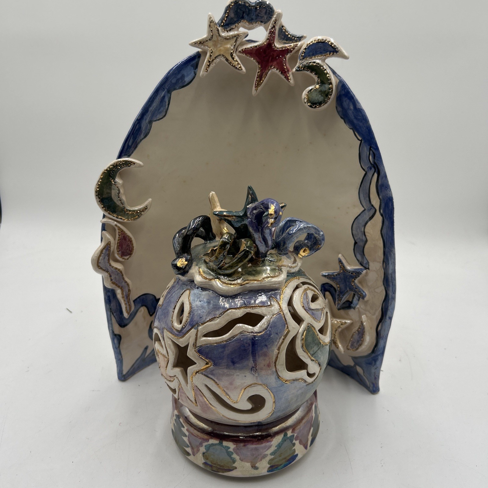 Rare Vintage Heather Goldminc 3pc Stargazer Blue Sky Pottery Candle Holder Music