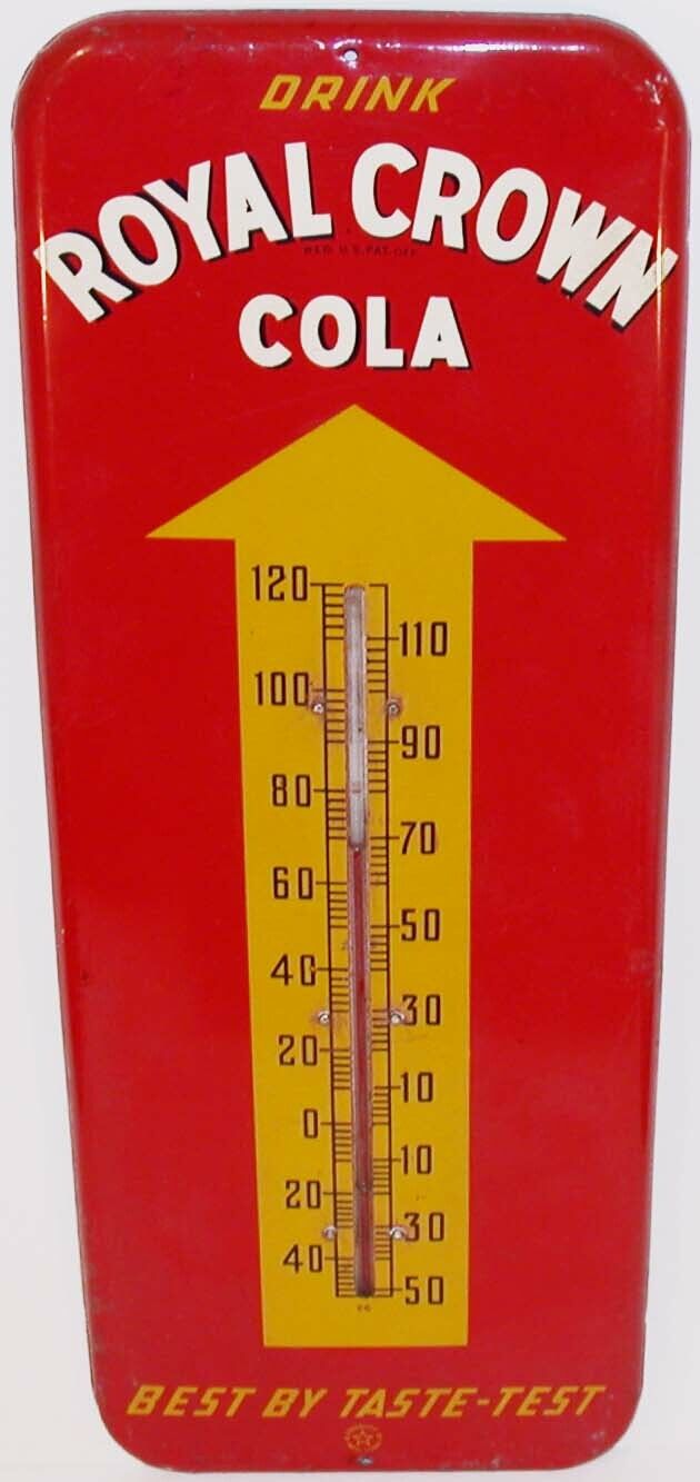 Vintage metal sign ROYAL CROWN COLA thermometer Best By Taste Test 1951 large