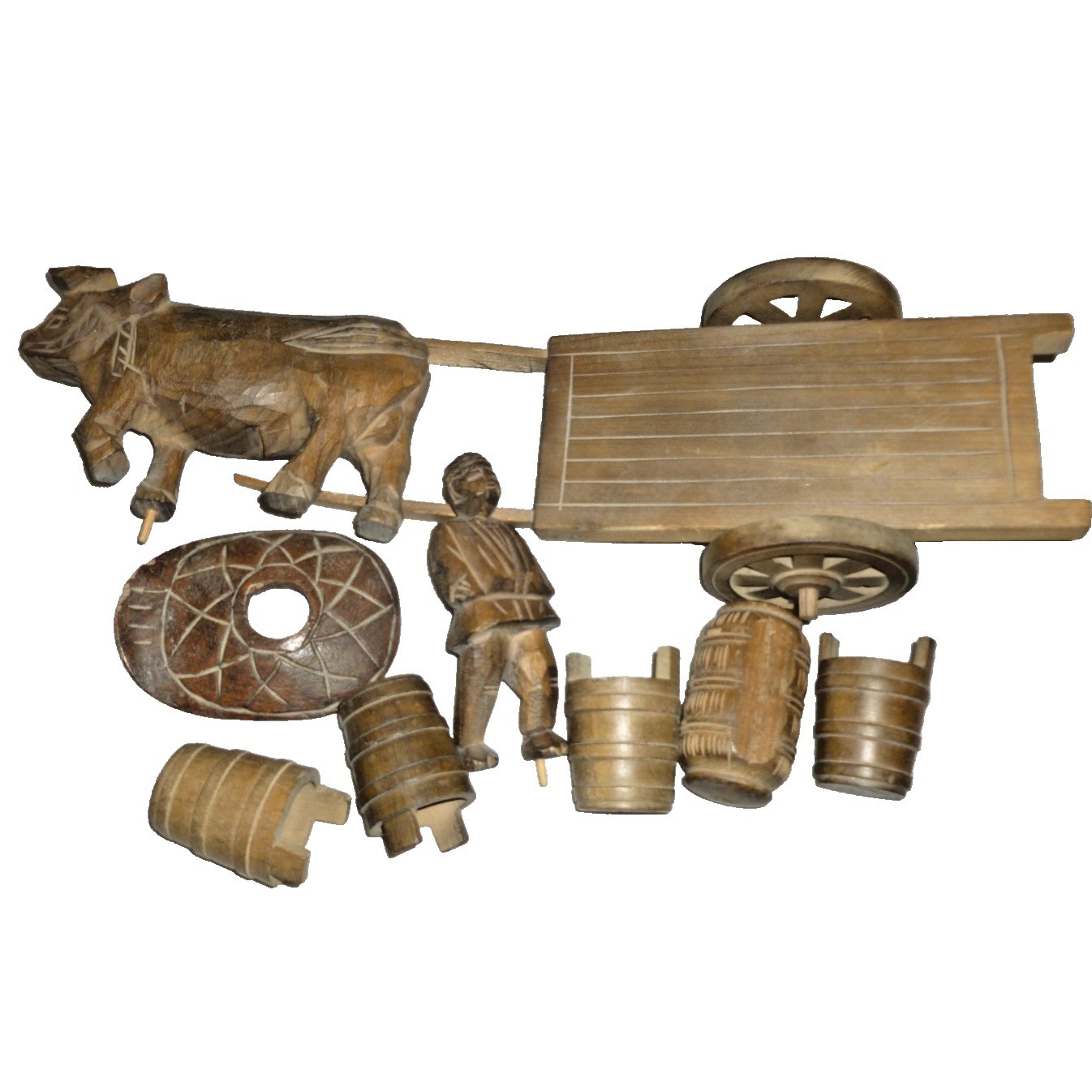 Vintage Hand Carved Wood Folk Art Set Ox Drawn Cart Farmer Barrels Buckets 10pc
