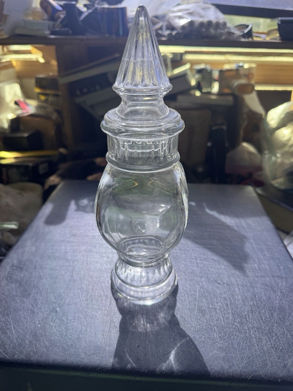 Vintage Wheaton Glass Cathedral Apothecary Jar Pointed Finial Lid