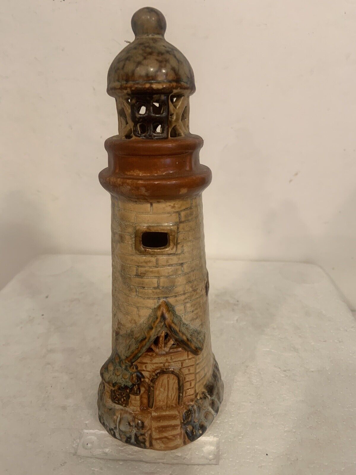Vntg Lighthouse Art Pottery Figurine 8” Ceramic Brown Glossy Detailed See Photos