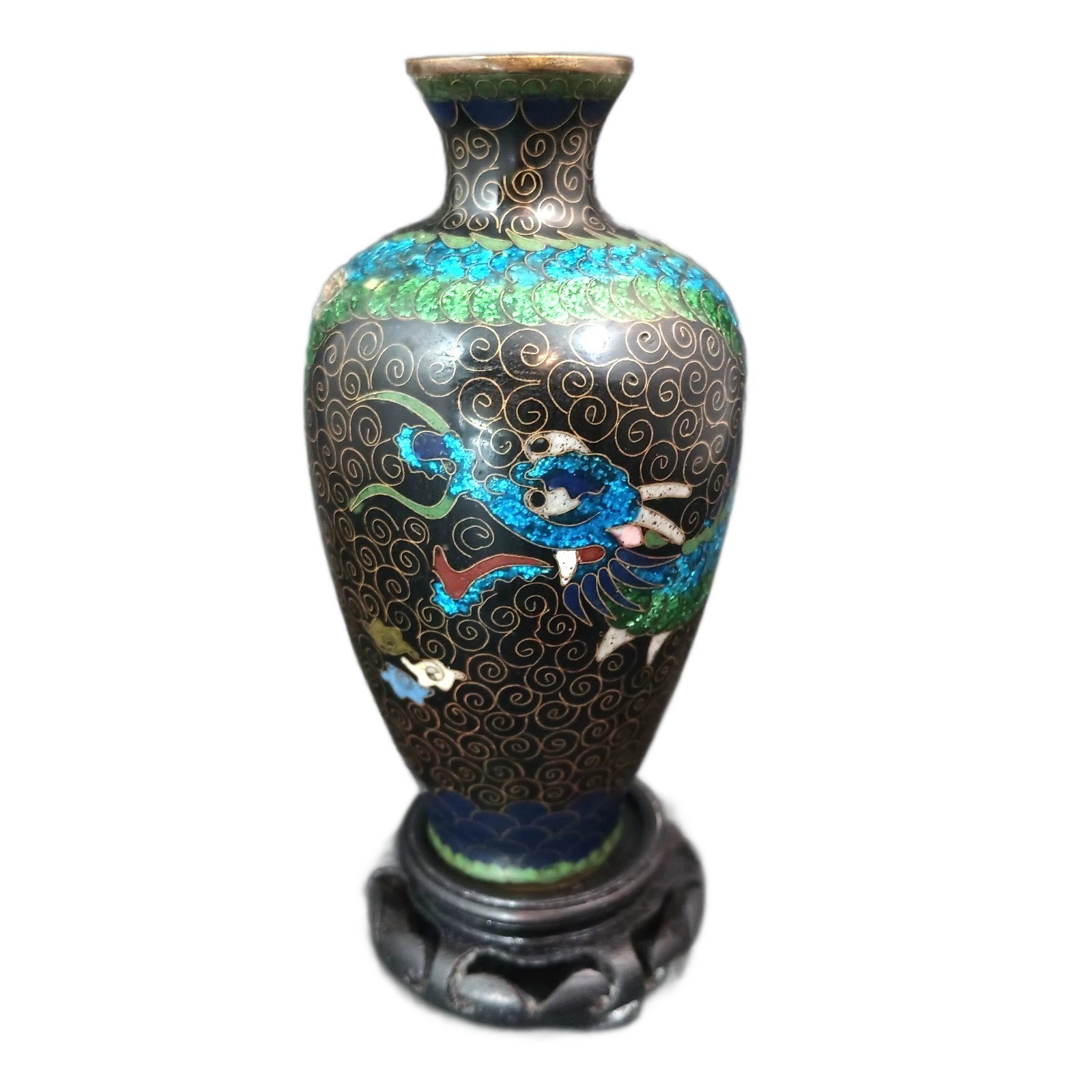 Antique Cloisonne On Brass Vase, Iridescent Blue Scaled Dragon 5\