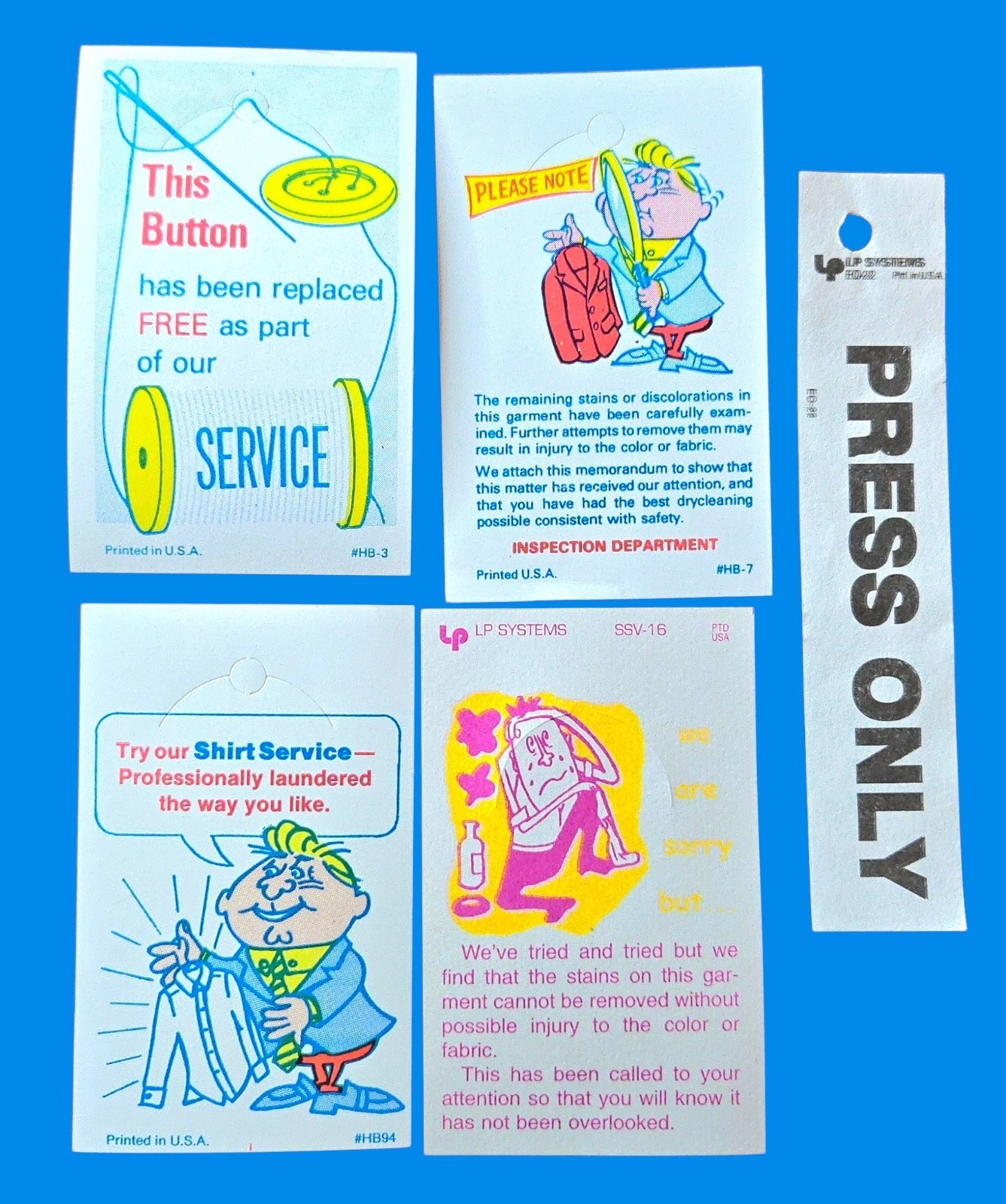 5 Vintage Dry Cleaner Tags, Press Only, Buttons, Shirt Service, Laundromat