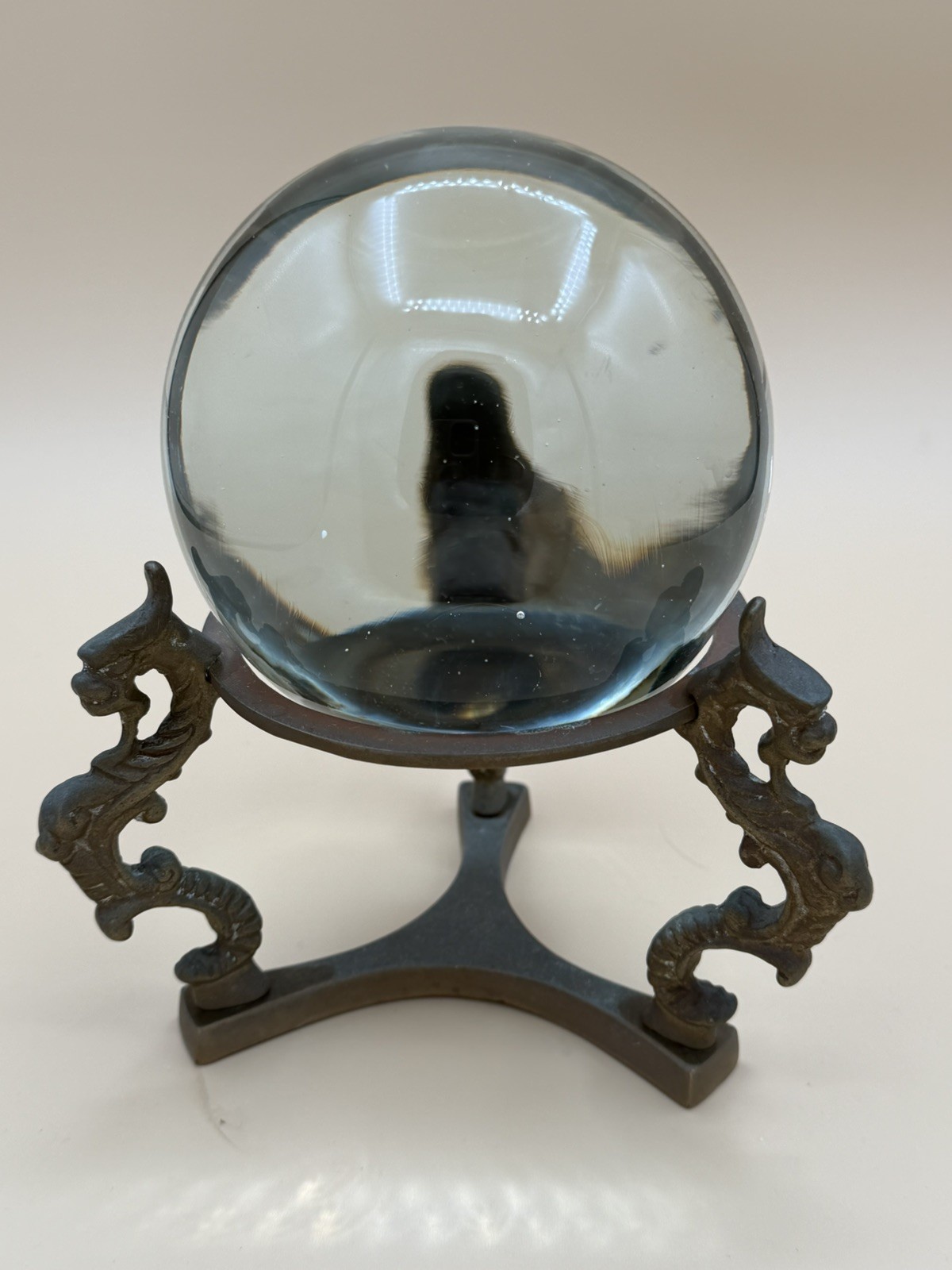 Vintage Crystal Ball Clear Orb Glass Bubble sphere brass dragon Stand
