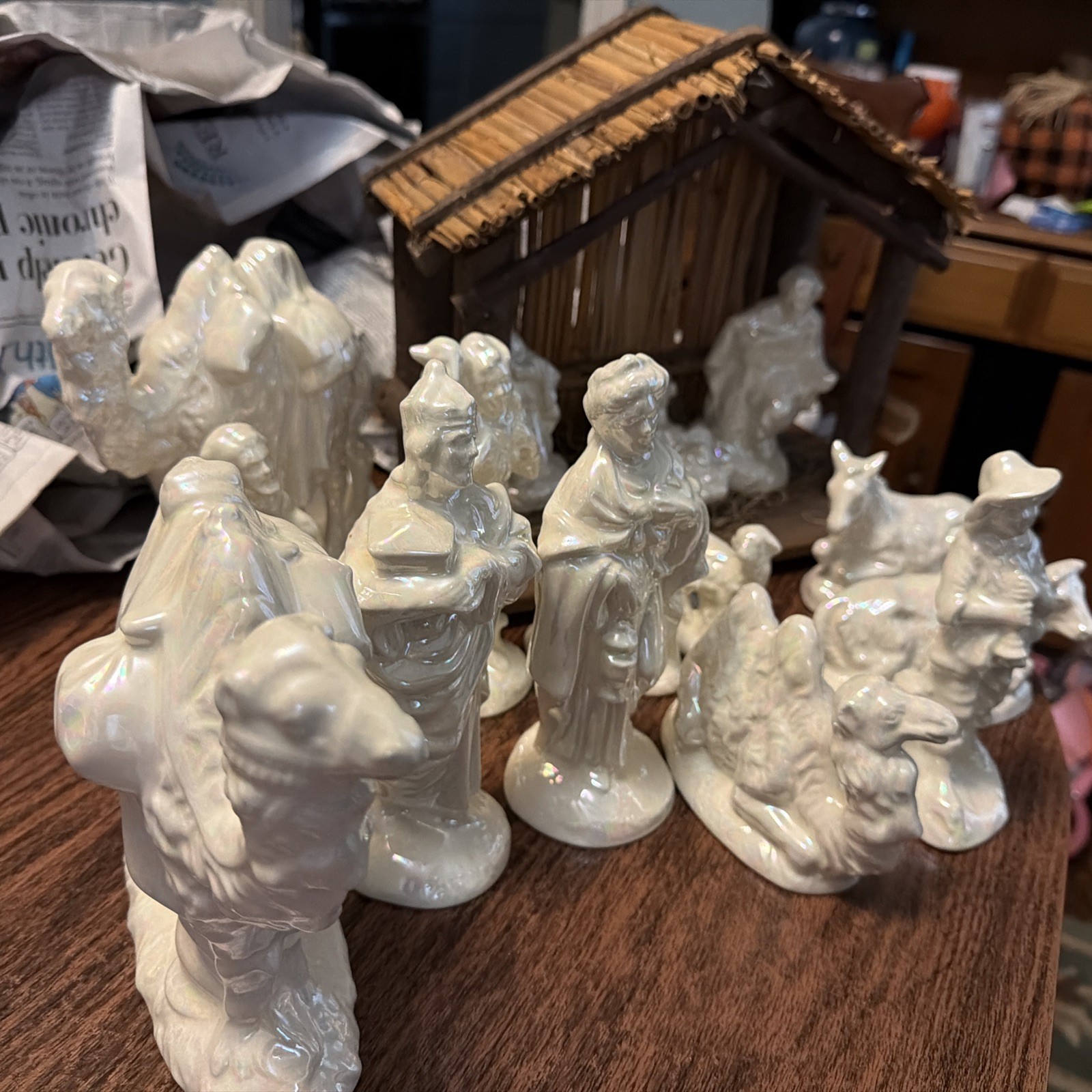 Vintage Atlantic Mold Ceramic Nativity Set, Pearl Luster Glazed, 17 Pieces Vintage Atlantic Mold Ceramic Nativity Set, Pearl Luster Glazed, 17 Pieces