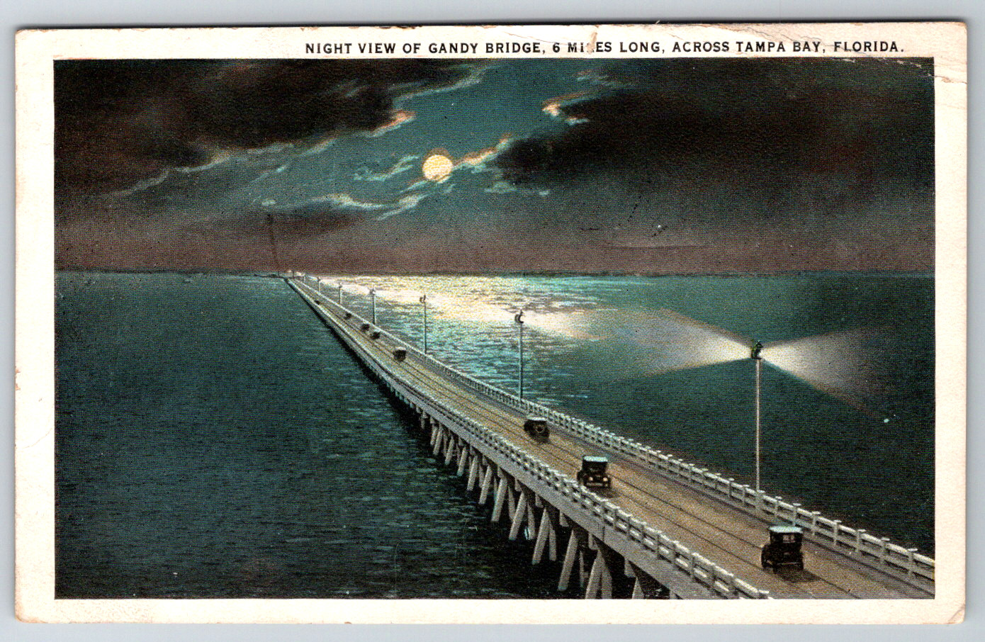 c1920s Night View Gandy Bridge Tampa Bay Florida Antique Postcard