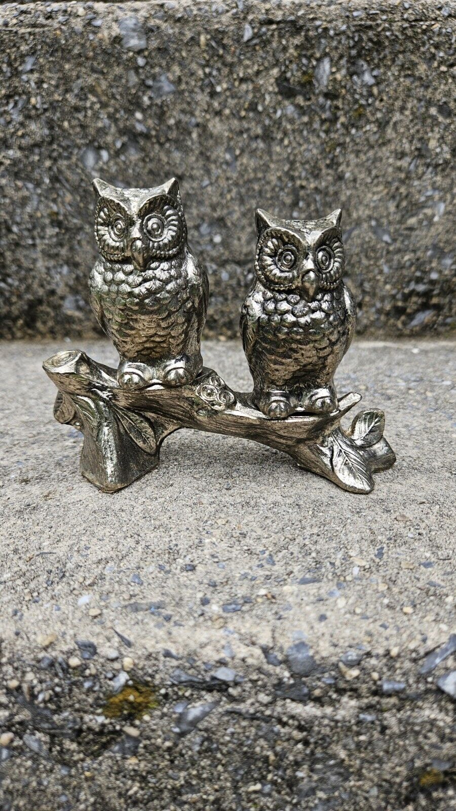 Vtg Metal Silver Toned Owl Salt And Pepper Shakers Sitting On Tree Branch Japan