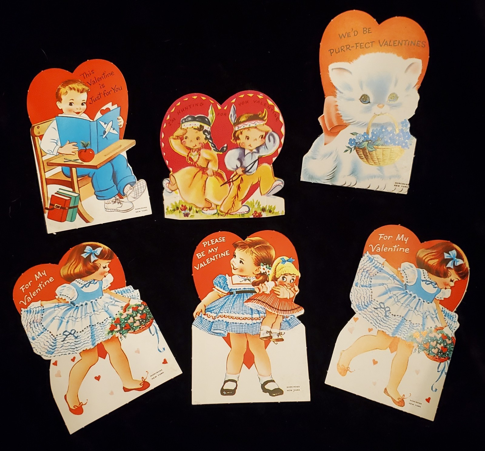 5 Vintage Valentines Cards Norcross Plus 1 Stand Up 2 Little Indians NEW 1950's