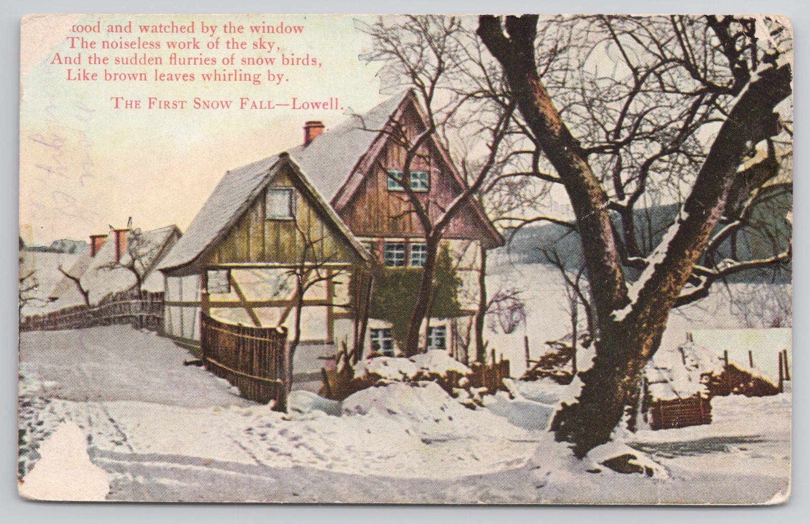 Antique Winter Postcard James Russell Lowell The First Snowfall Poetry Cottage