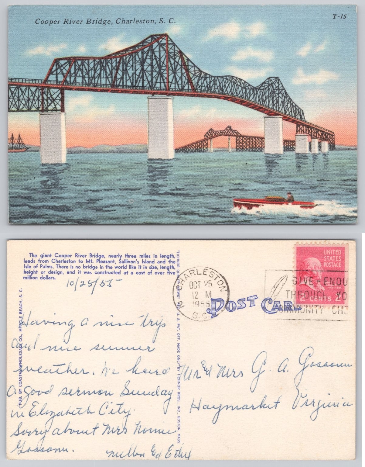1955 Cooper River Bridge Charleston SC Linen Postcard Tichnor Bros Vintage