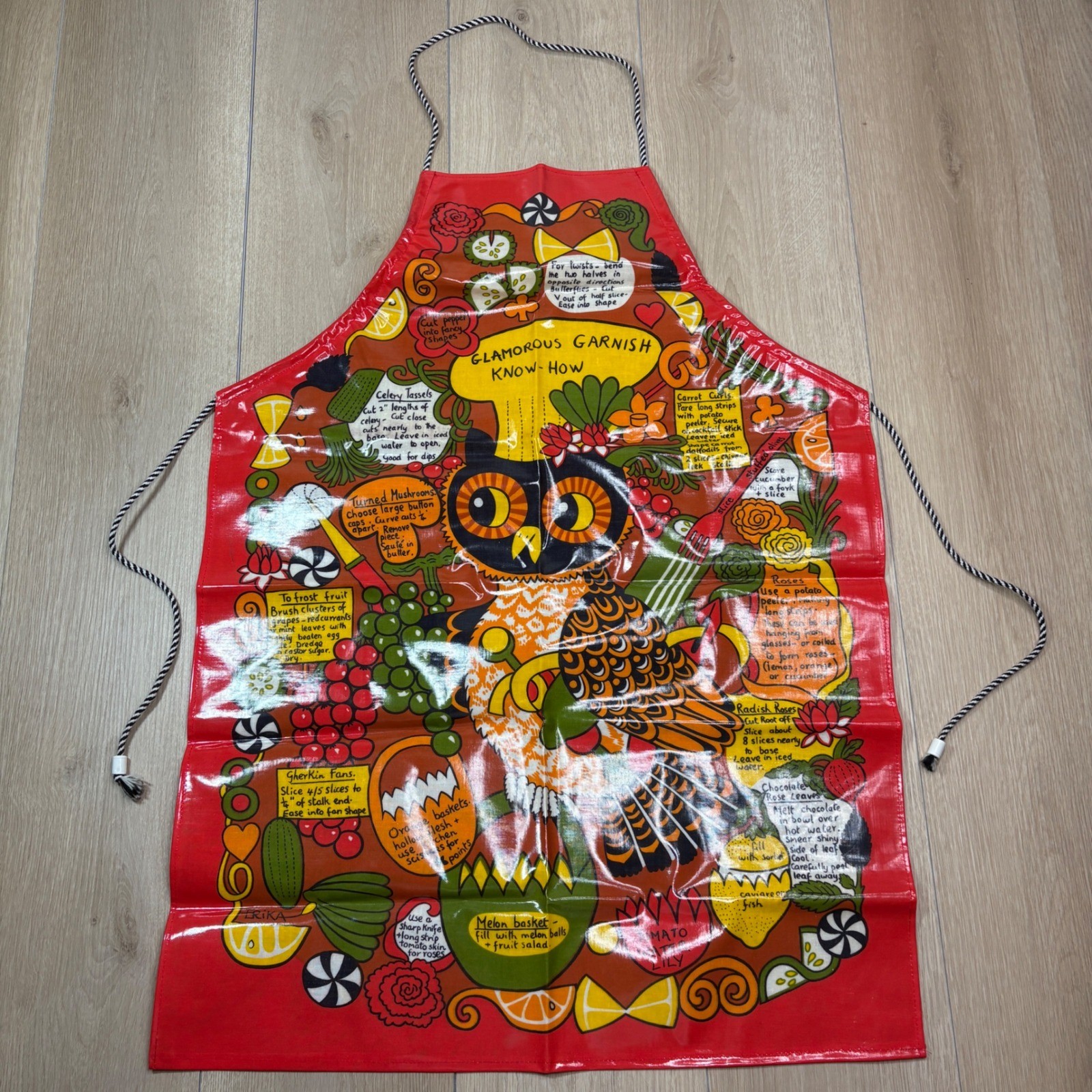 Vintage Erika Glamorous Garnish Know-How Owl Apron Red Retro Kitsch Wipeable Vintage Erika Glamorous Garnish Know-How Owl Apron Red Retro Kitsch Wipeable