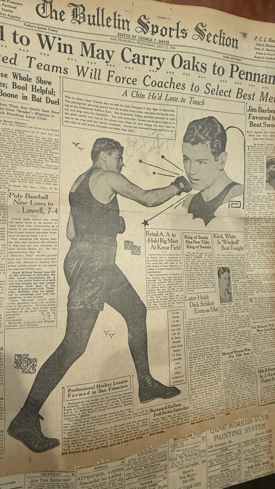Vtg 1926 San Francisco Sports Full Page News Paper Jack Dempsey Autographed