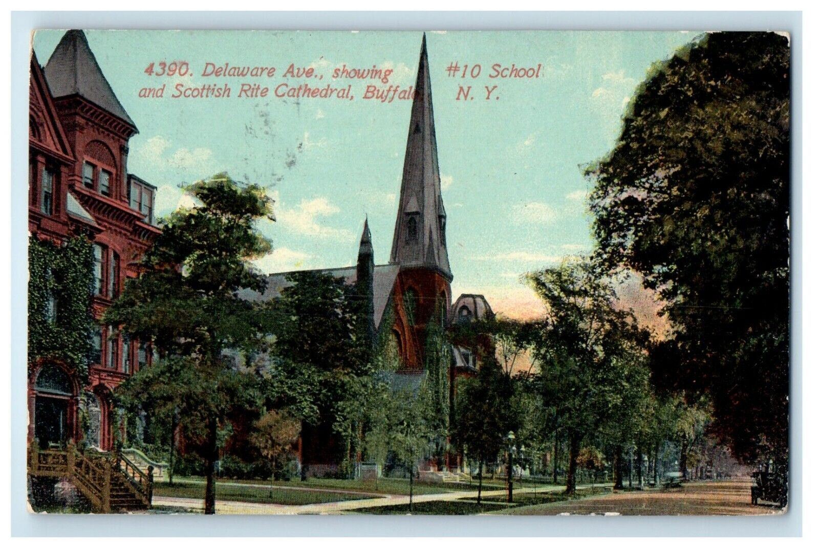 c1910's Delaware Ave. Showing School Scottish Rite Cathedral Buffalo NY Postcard