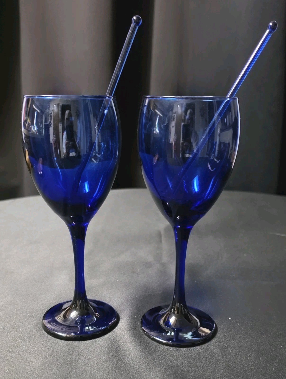 Vintage Handblown Cobalt Blue Wine Glases with Matching Glass Swizzle Sticks