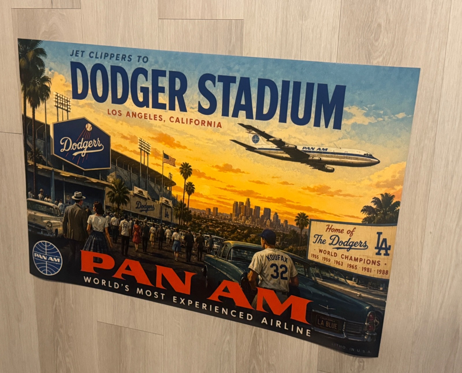 VTG Pan Am Los Angeles Dodger Stadium POSTER RARE 36”x24” PROMO RP VINTAGE