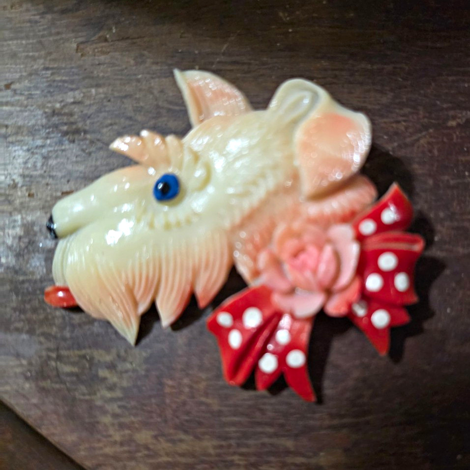 Scottish Terrier Dog Head Brooch Pin w/ Red Polka Dot Bow & Pink Flower