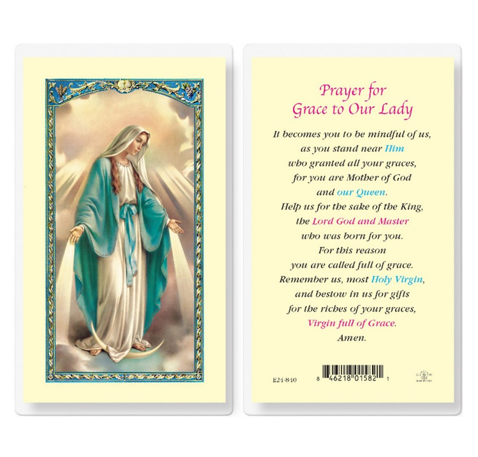 Prayer For Grace - Mother of God Prayer Card Laminated Holy Card Our Lady Mary