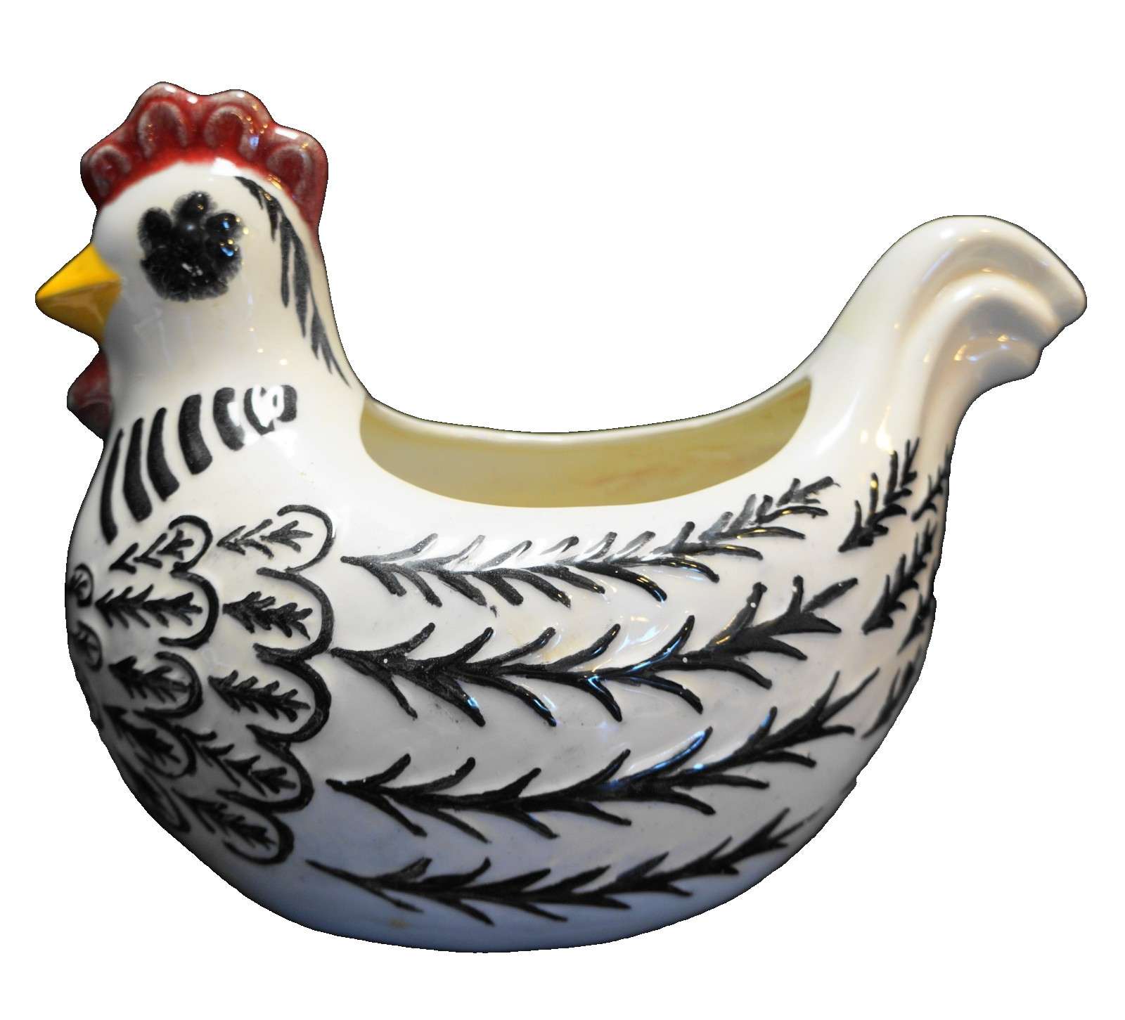 Chicken Hen Planter Hand Painted Black White Unsigned Chicken Hen Planter Hand Painted Black White Unsigned