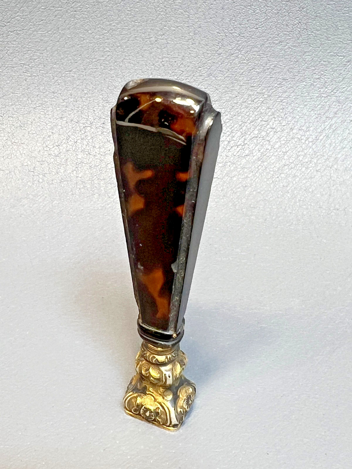 Antique French Faux Tortoise Shell Gilt Sterling Silver Personal Wax Seal Stamp