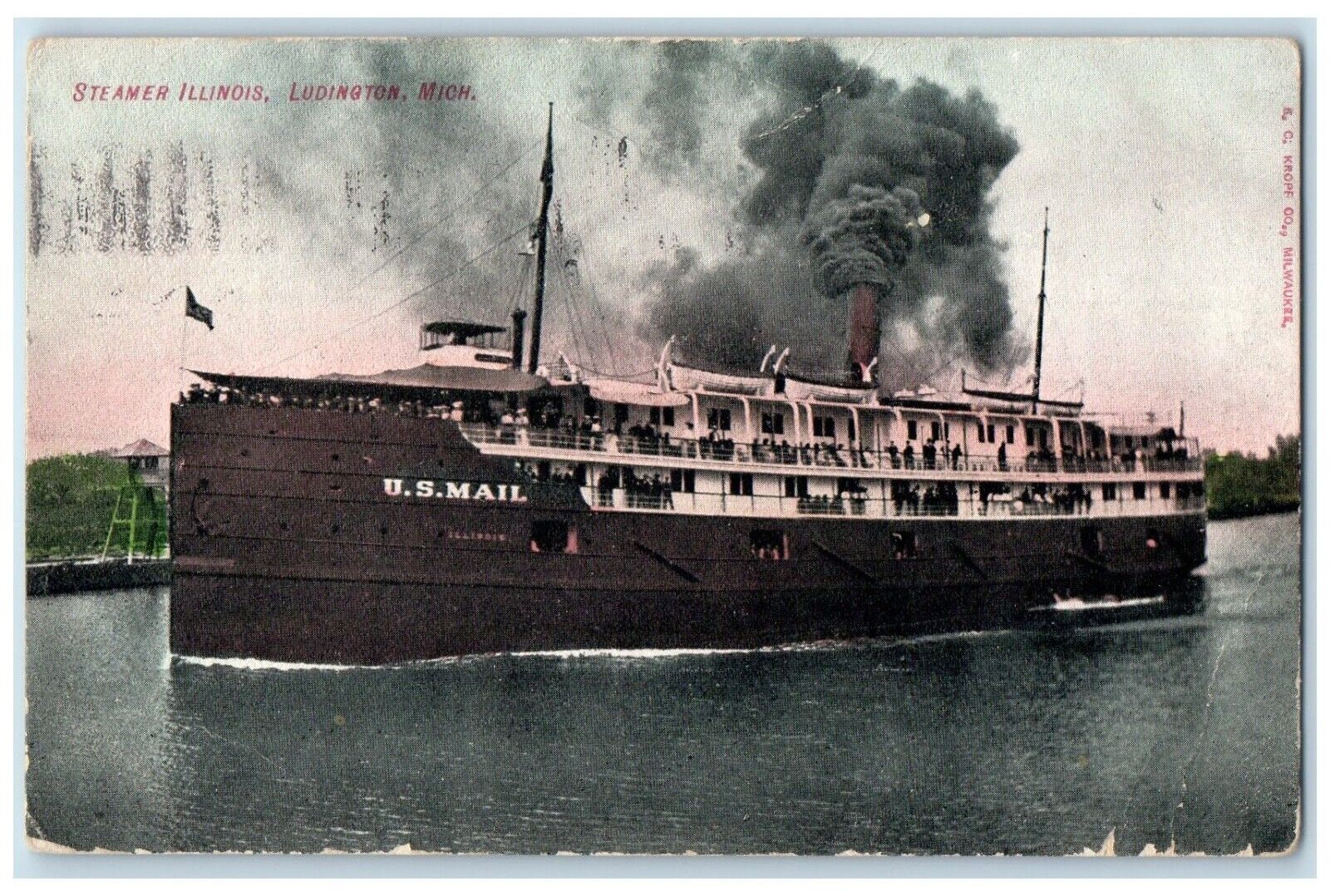 1909 Steamer Ship Illinois Ludington Michigan MI Posted Antique Postcard