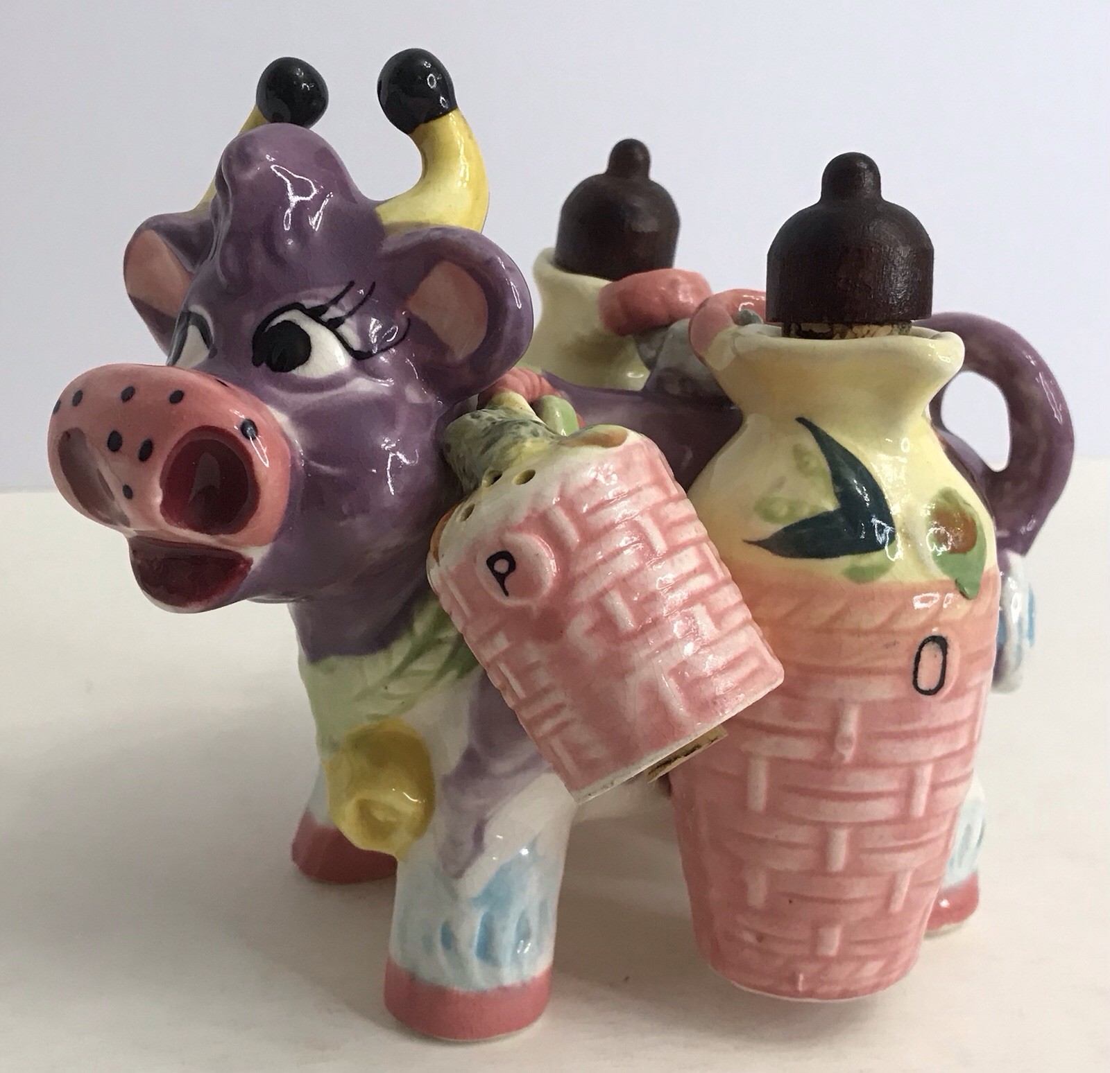Vintage Thames Purple Cow Salt Pepper Shaker Oil Vinegar Cruet Set Japan Ceramic