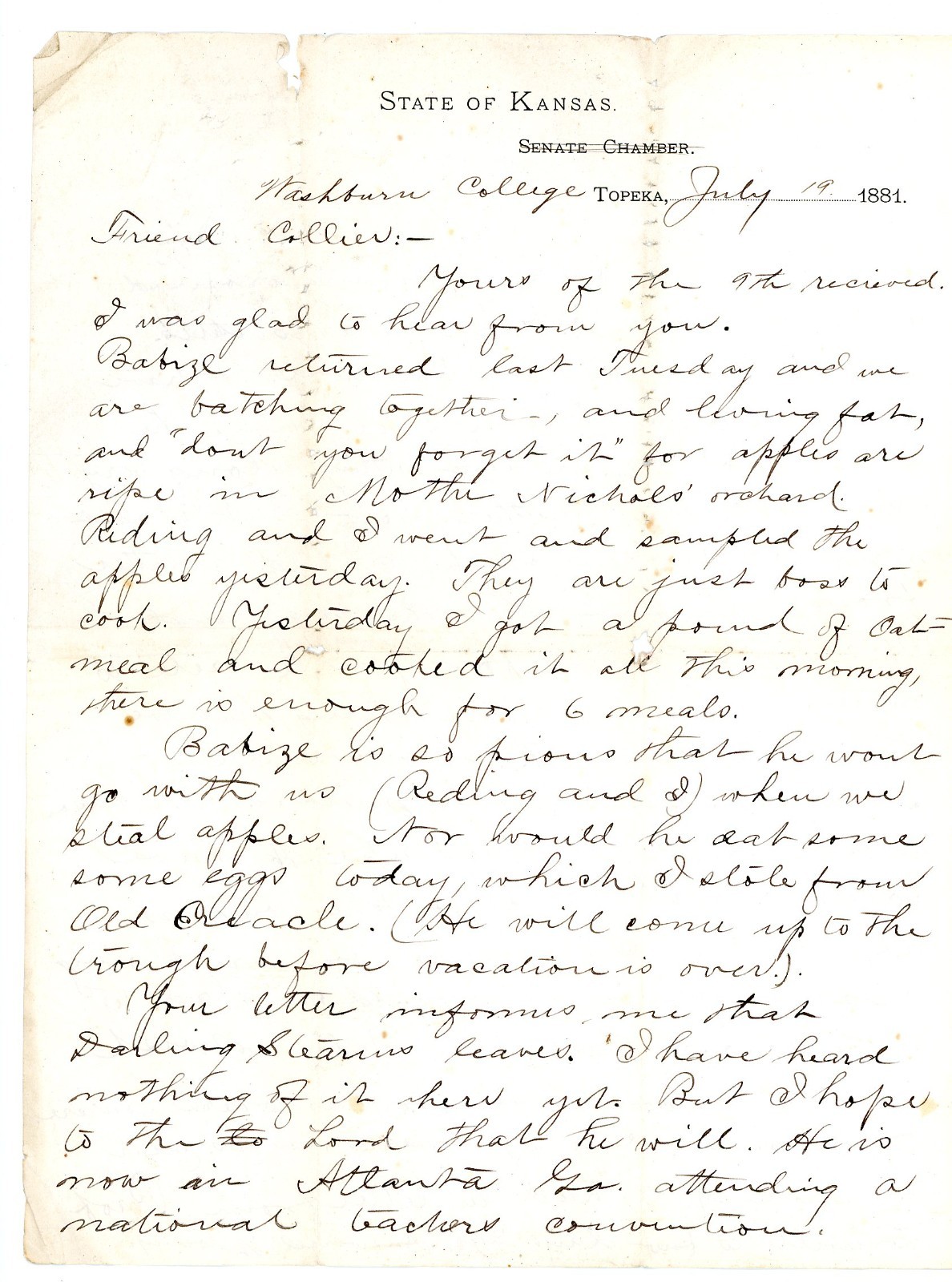 1881 Washburn College Topeka Kansas letter Hurrah for Garfield after he was shot